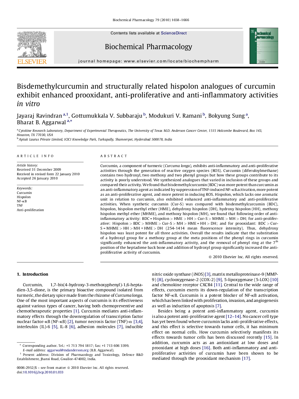 عکس صفحه اول مقاله: Bisdemethylcurcumin and structurally related hispolon analogues of curcumin exhibit enhanced prooxidant, anti-proliferative and anti-inflammatory activities in vitro Bisdemethylcurcumin and structurally related hispolon analogues of curcumin exhibit enhanced prooxidant, anti-proliferative and anti-inflammatory activities in vitro