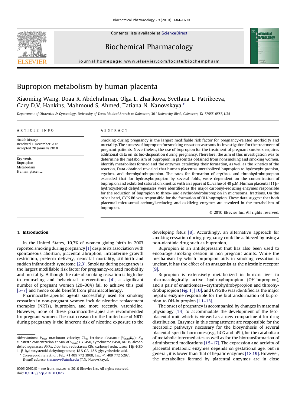 Bupropion metabolism by human placenta