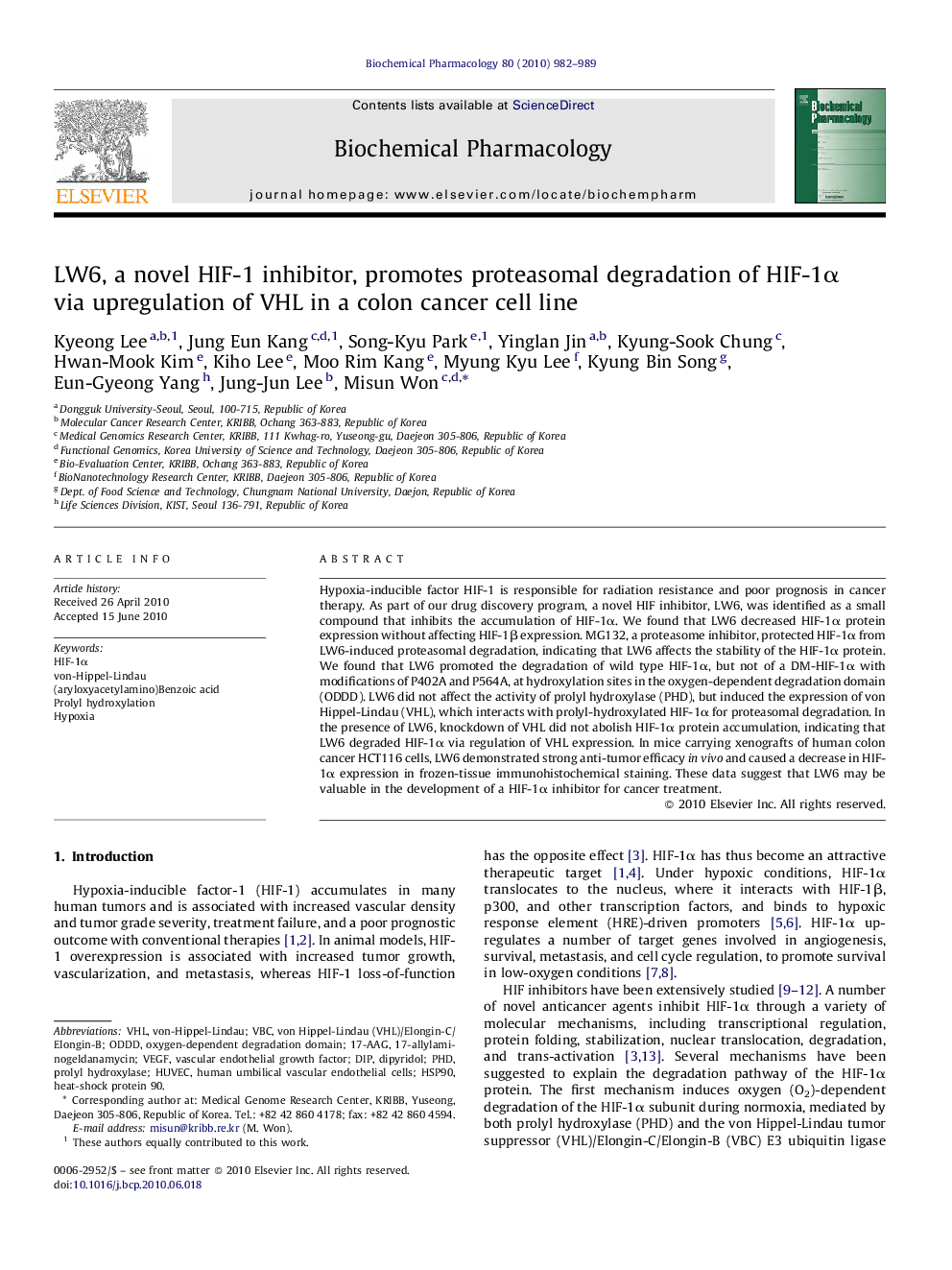 LW6, a novel HIF-1 inhibitor, promotes proteasomal degradation of HIF-1α via upregulation of VHL in a colon cancer cell line