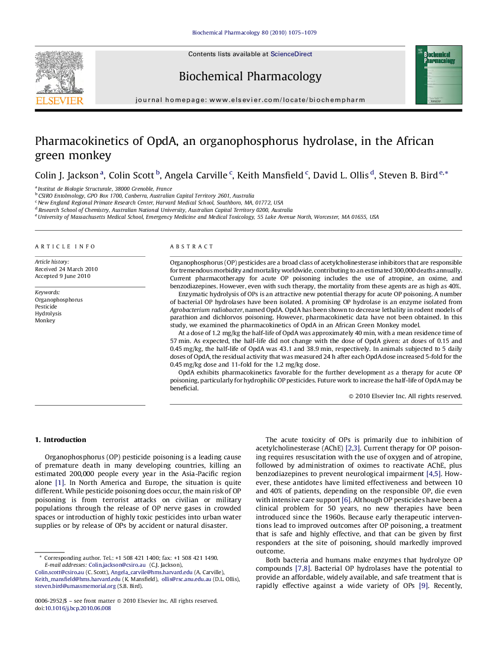 Pharmacokinetics of OpdA, an organophosphorus hydrolase, in the African green monkey