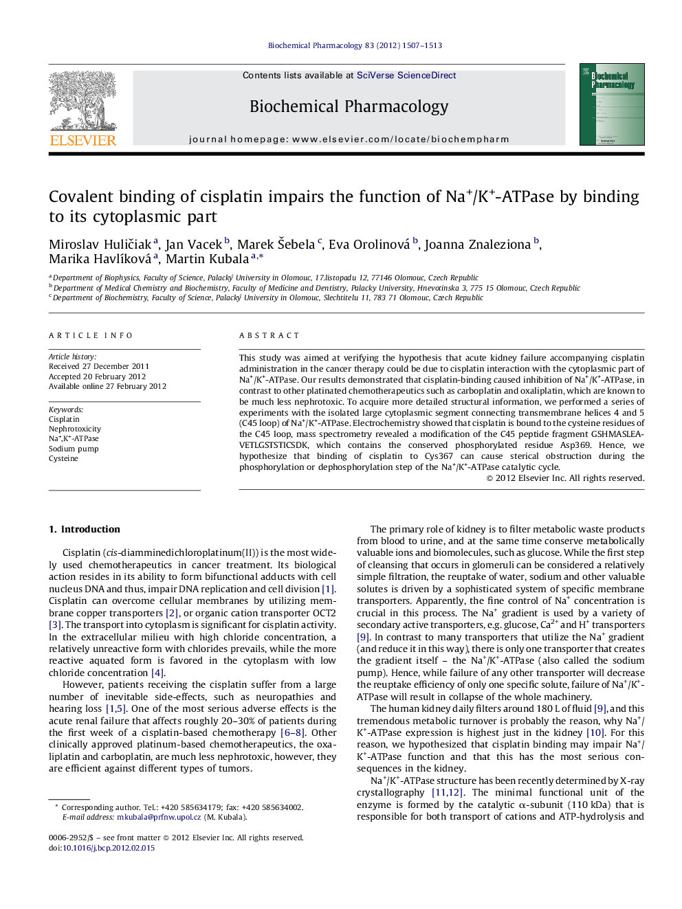 Covalent binding of cisplatin impairs the function of Na+/K+-ATPase by binding to its cytoplasmic part