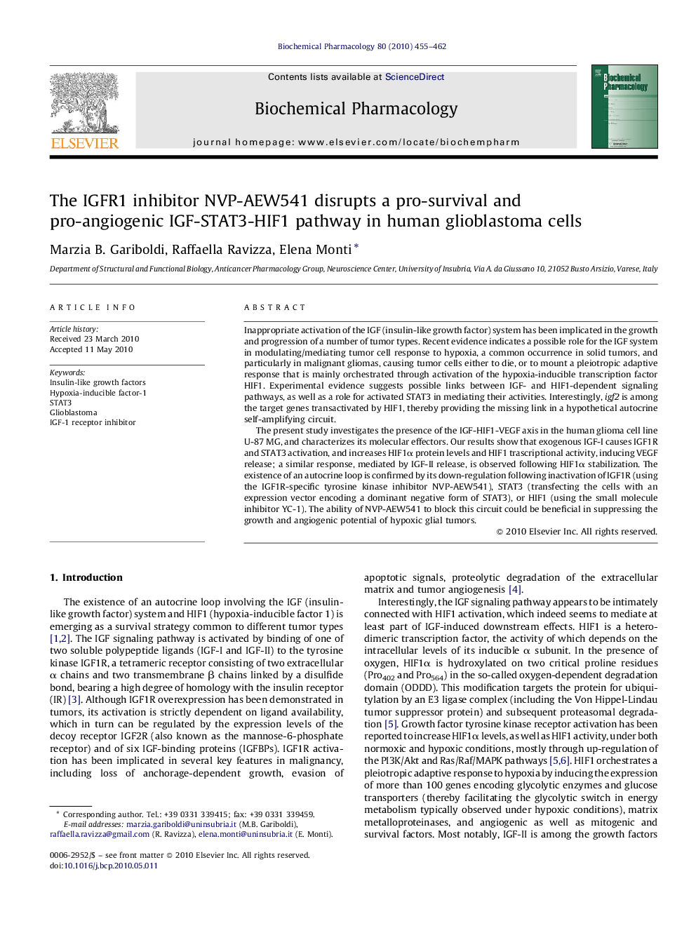 The IGFR1 inhibitor NVP-AEW541 disrupts a pro-survival and pro-angiogenic IGF-STAT3-HIF1 pathway in human glioblastoma cells