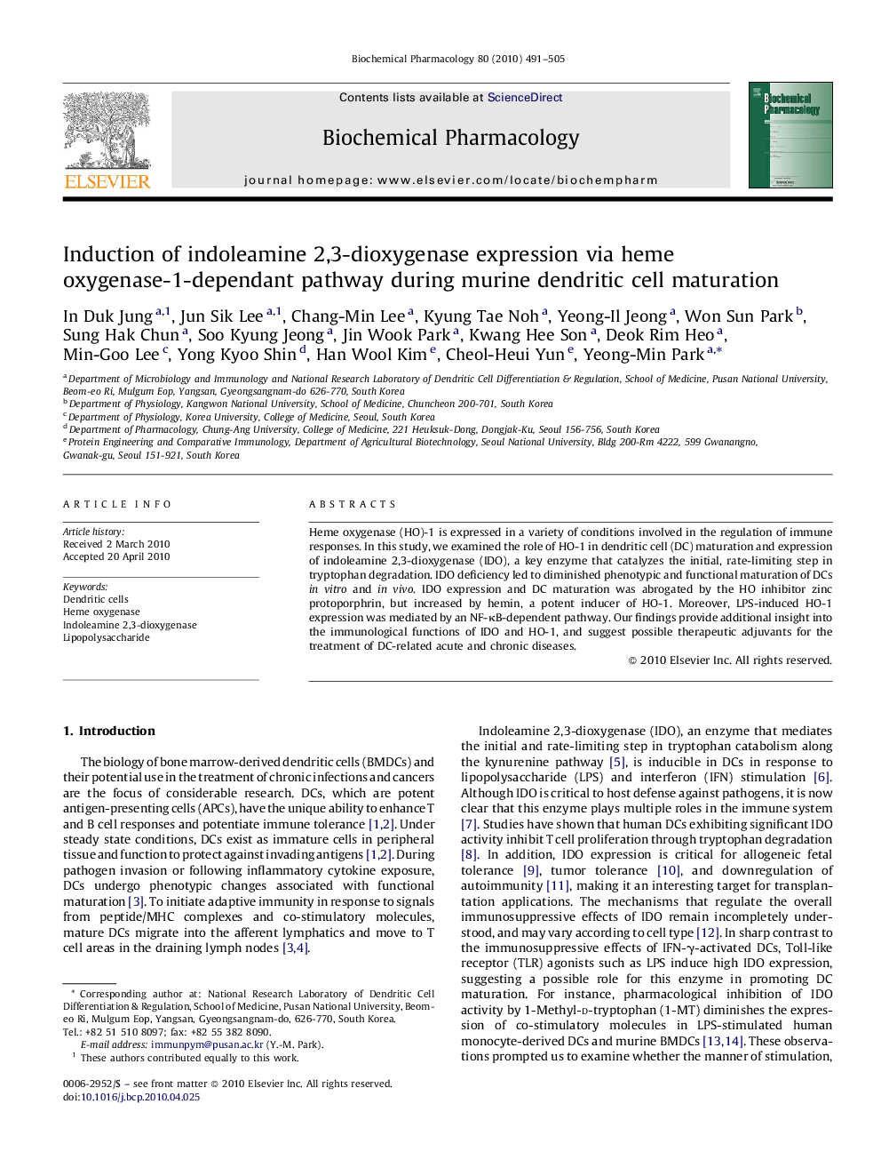 Induction of indoleamine 2,3-dioxygenase expression via heme oxygenase-1-dependant pathway during murine dendritic cell maturation