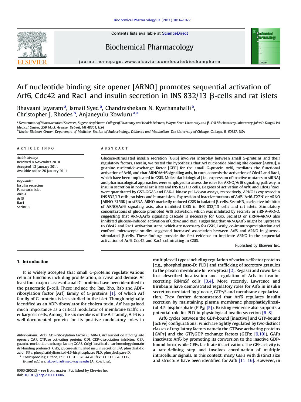 Arf nucleotide binding site opener [ARNO] promotes sequential activation of Arf6, Cdc42 and Rac1 and insulin secretion in INS 832/13 β-cells and rat islets