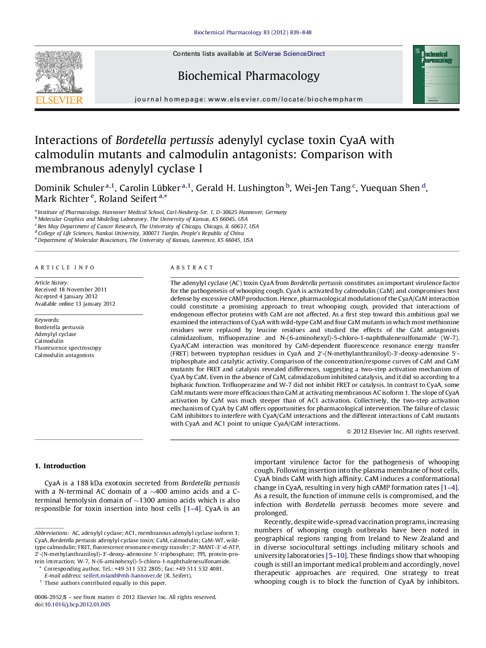 Interactions of Bordetella pertussis adenylyl cyclase toxin CyaA with calmodulin mutants and calmodulin antagonists: Comparison with membranous adenylyl cyclase I