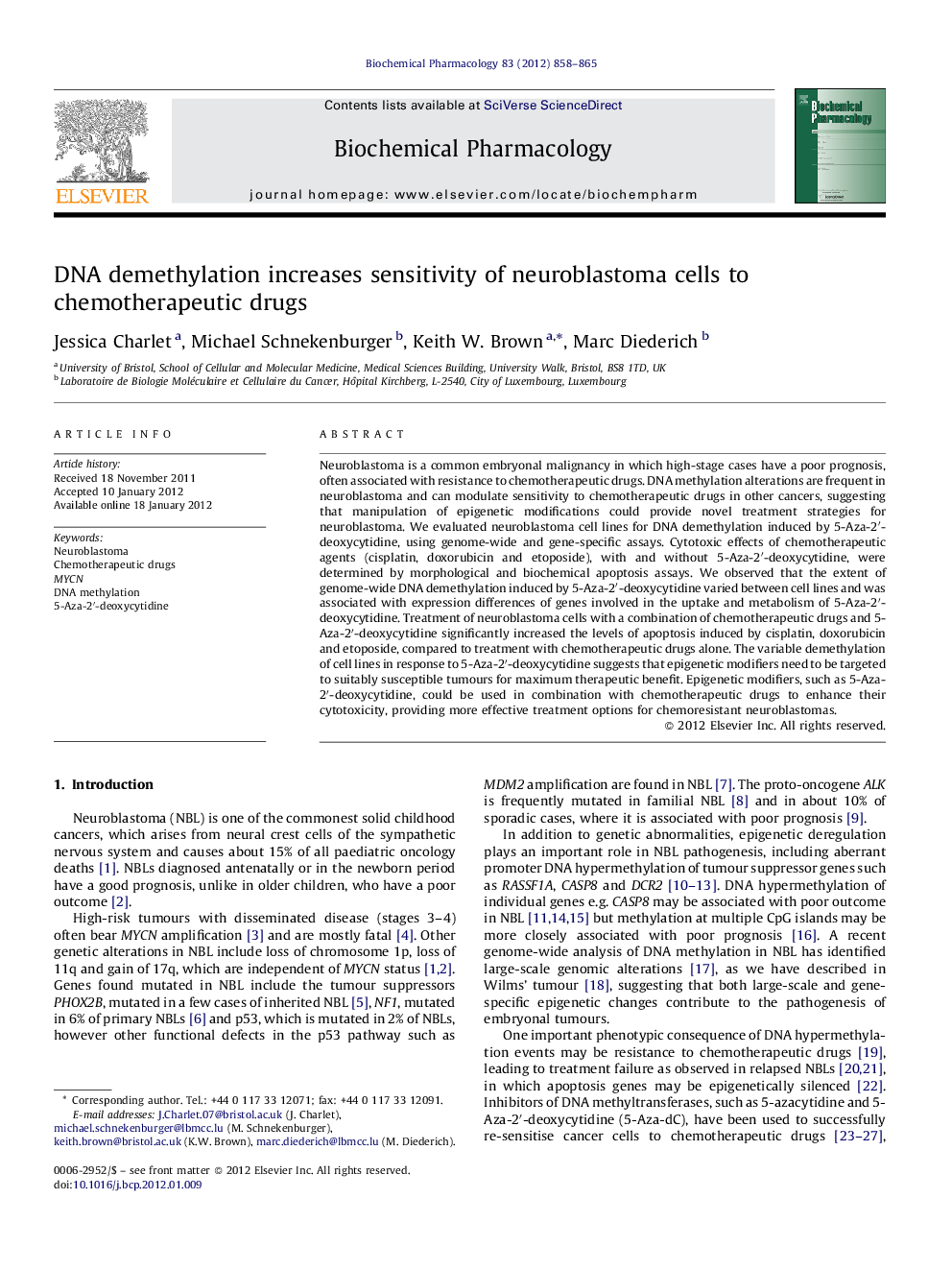 DNA demethylation increases sensitivity of neuroblastoma cells to chemotherapeutic drugs