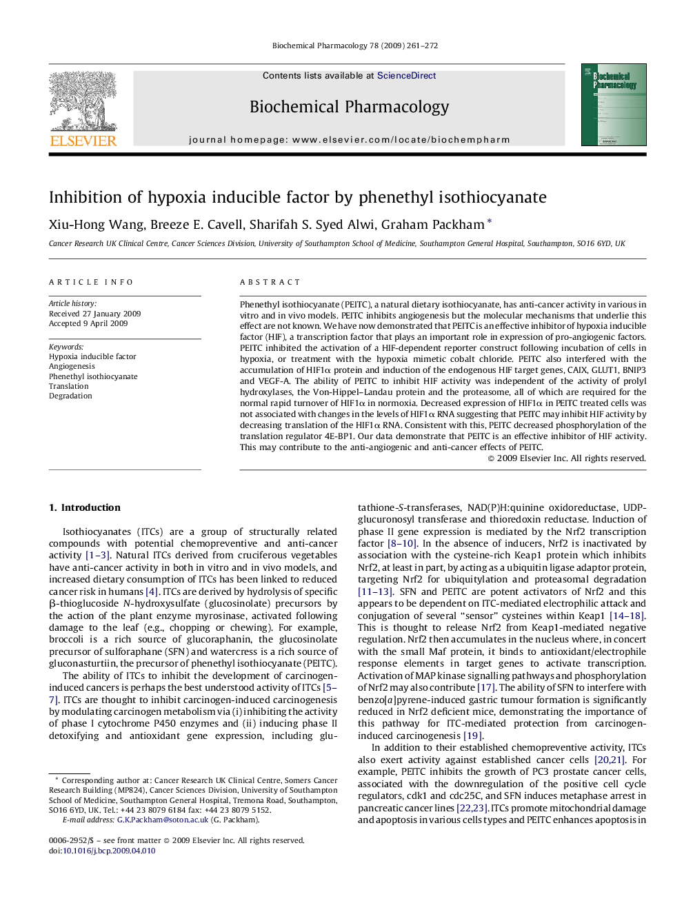 عکس صفحه اول مقاله: Inhibition of hypoxia inducible factor by phenethyl isothiocyanate Inhibition of hypoxia inducible factor by phenethyl isothiocyanate