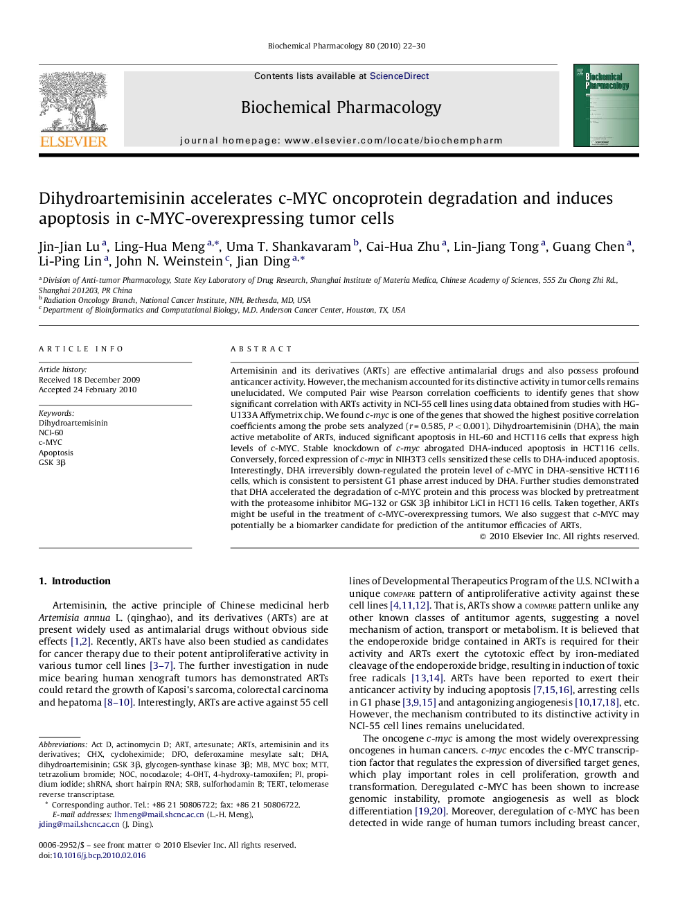 Dihydroartemisinin accelerates c-MYC oncoprotein degradation and induces apoptosis in c-MYC-overexpressing tumor cells