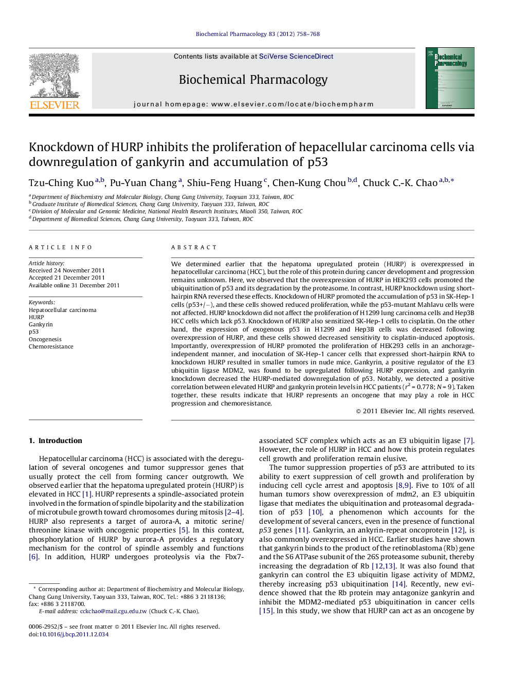 Knockdown of HURP inhibits the proliferation of hepacellular carcinoma cells via downregulation of gankyrin and accumulation of p53