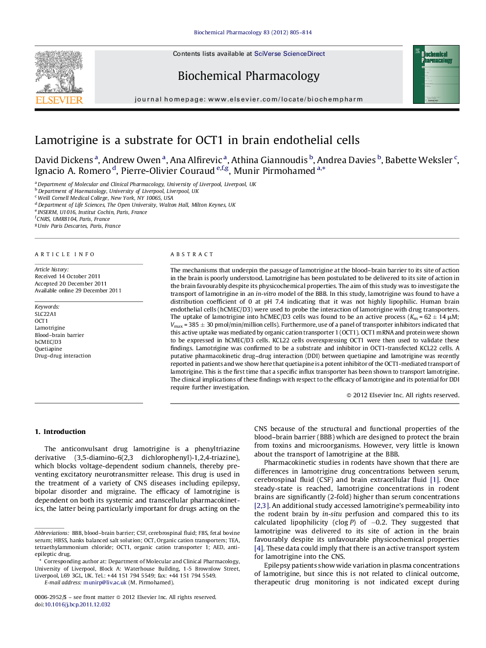 Lamotrigine is a substrate for OCT1 in brain endothelial cells