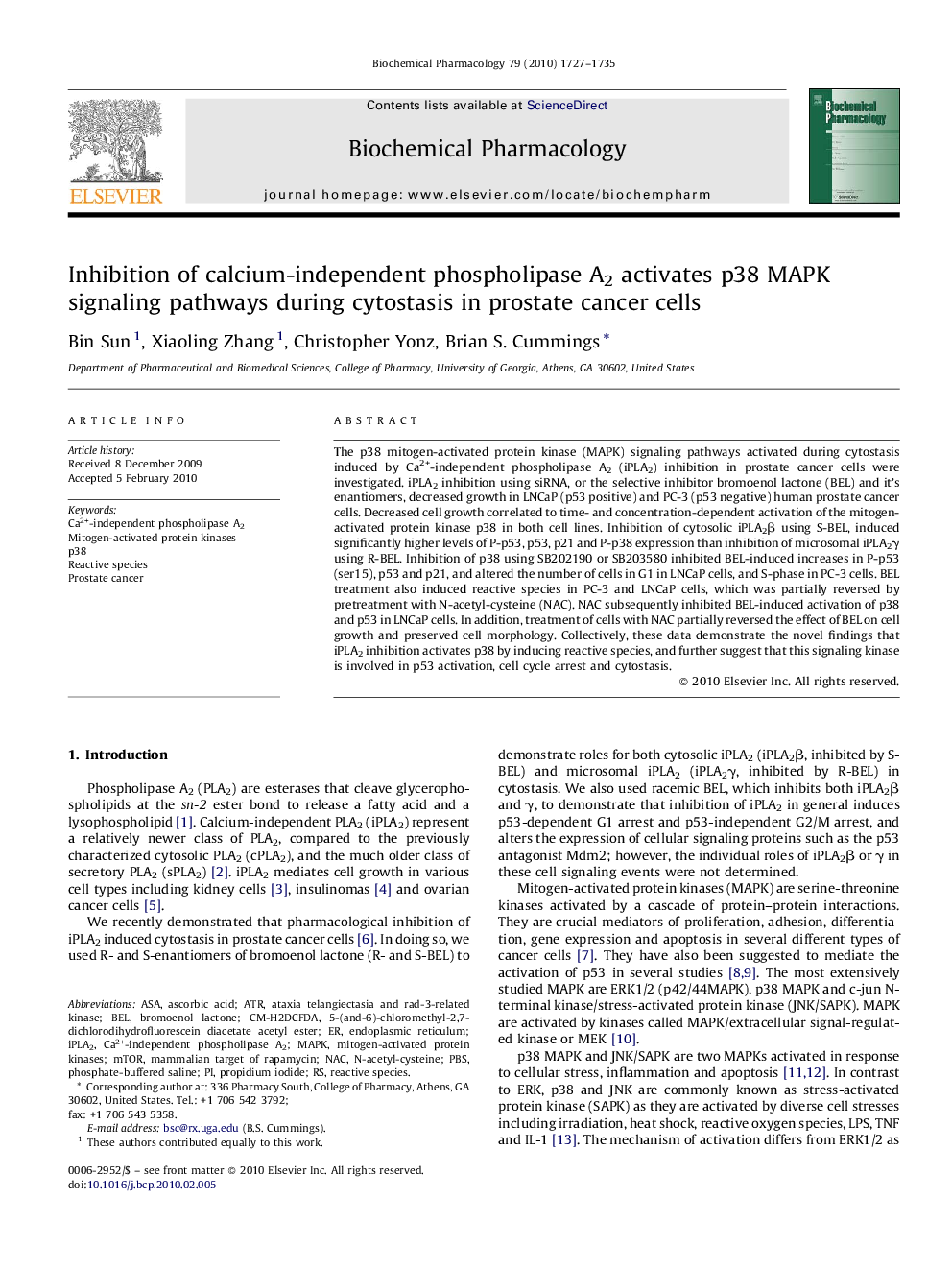 Inhibition of calcium-independent phospholipase A2 activates p38 MAPK signaling pathways during cytostasis in prostate cancer cells