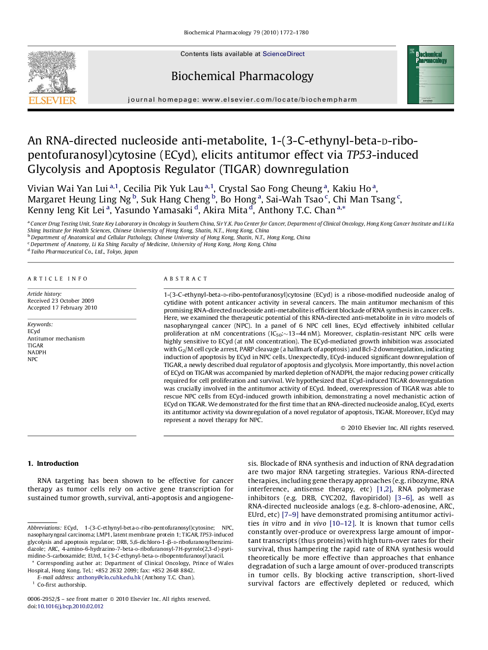 An RNA-directed nucleoside anti-metabolite, 1-(3-C-ethynyl-beta-d-ribo-pentofuranosyl)cytosine (ECyd), elicits antitumor effect via TP53-induced Glycolysis and Apoptosis Regulator (TIGAR) downregulation