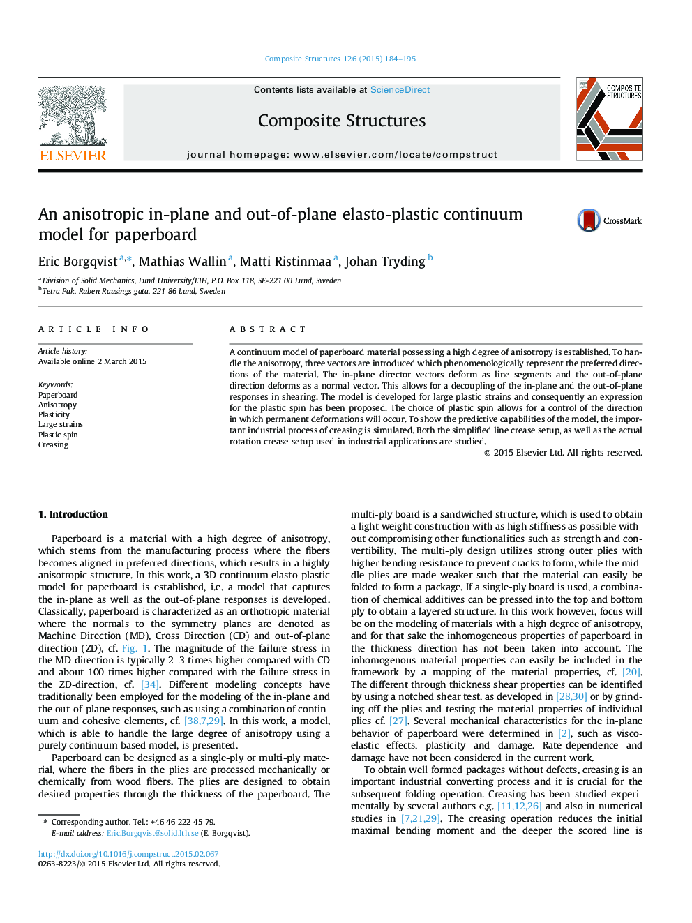 An anisotropic in-plane and out-of-plane elasto-plastic continuum model for paperboard