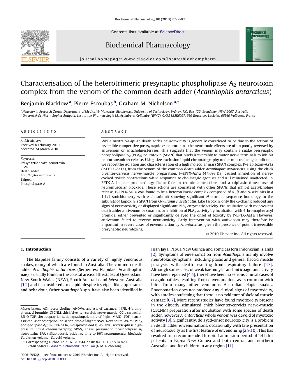 Characterisation of the heterotrimeric presynaptic phospholipase A2 neurotoxin complex from the venom of the common death adder (Acanthophis antarcticus)