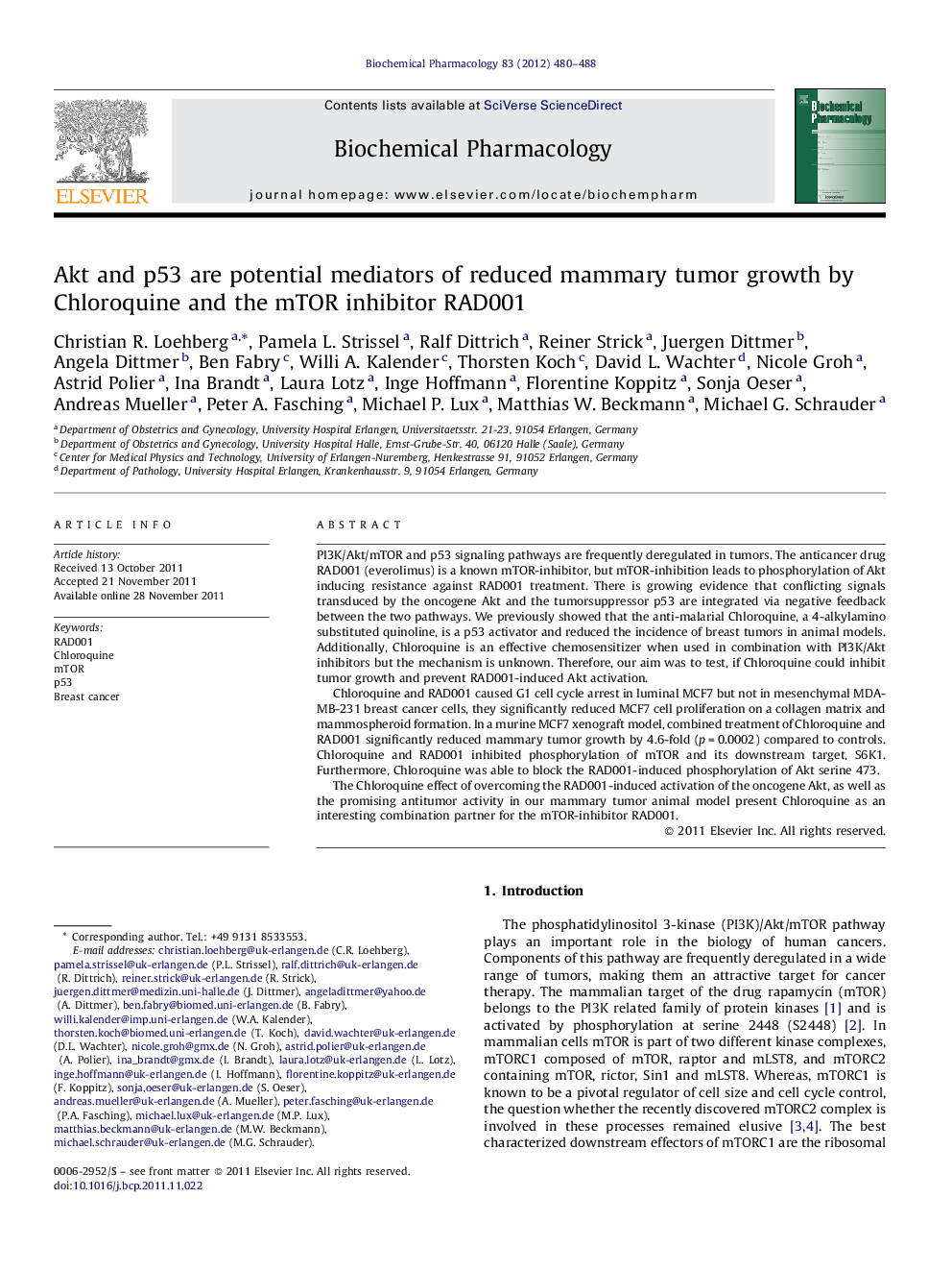 Akt and p53 are potential mediators of reduced mammary tumor growth by Chloroquine and the mTOR inhibitor RAD001