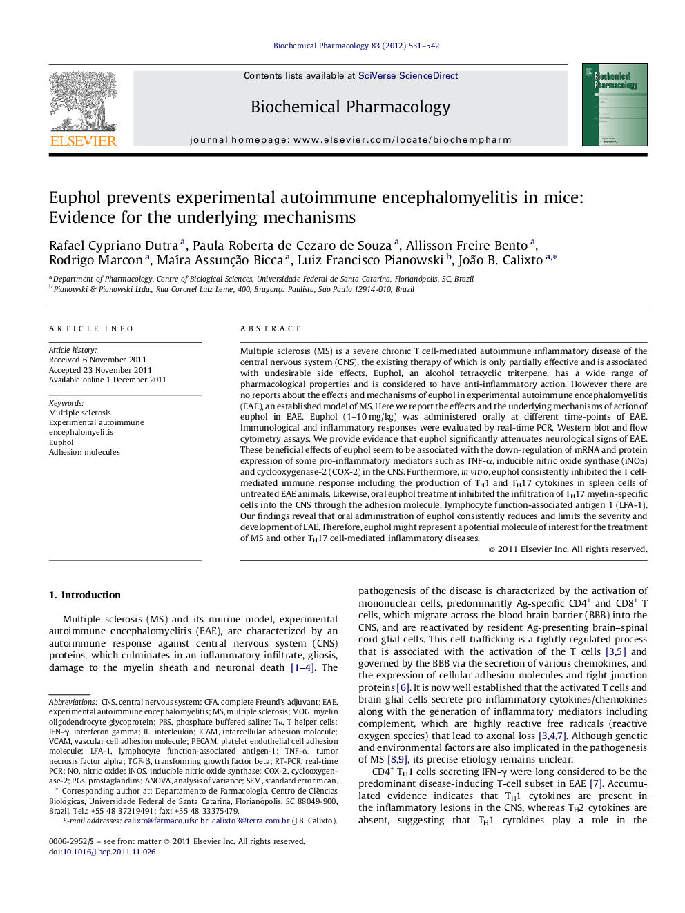 Euphol prevents experimental autoimmune encephalomyelitis in mice: Evidence for the underlying mechanisms