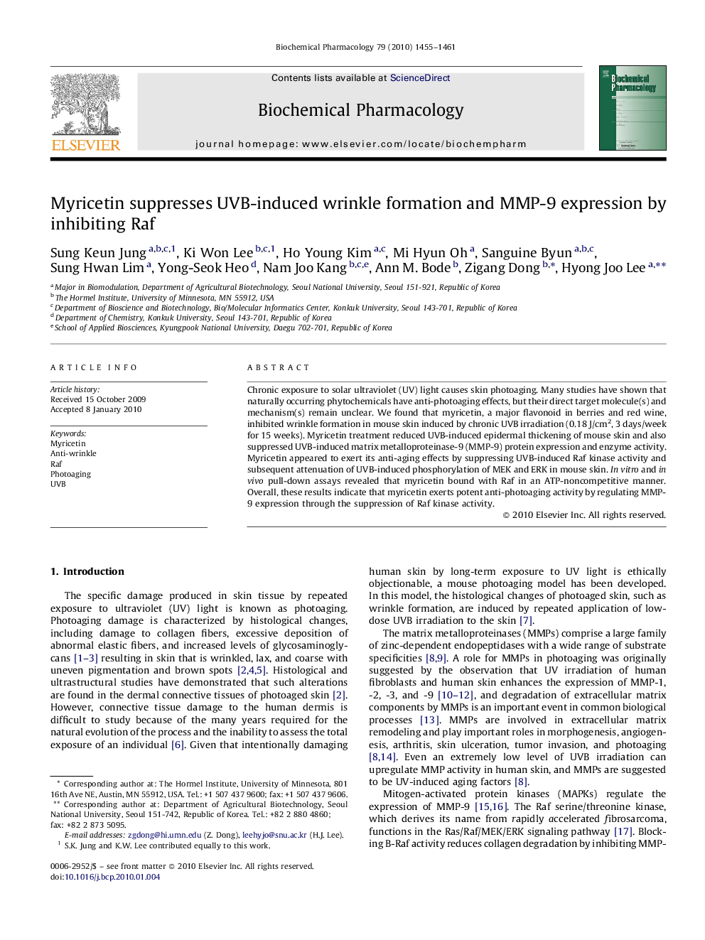 Myricetin suppresses UVB-induced wrinkle formation and MMP-9 expression by inhibiting Raf