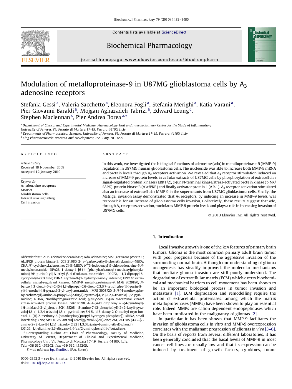 Modulation of metalloproteinase-9 in U87MG glioblastoma cells by A3 adenosine receptors