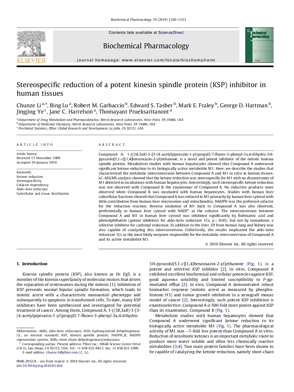 Stereospecific reduction of a potent kinesin spindle protein (KSP) inhibitor in human tissues