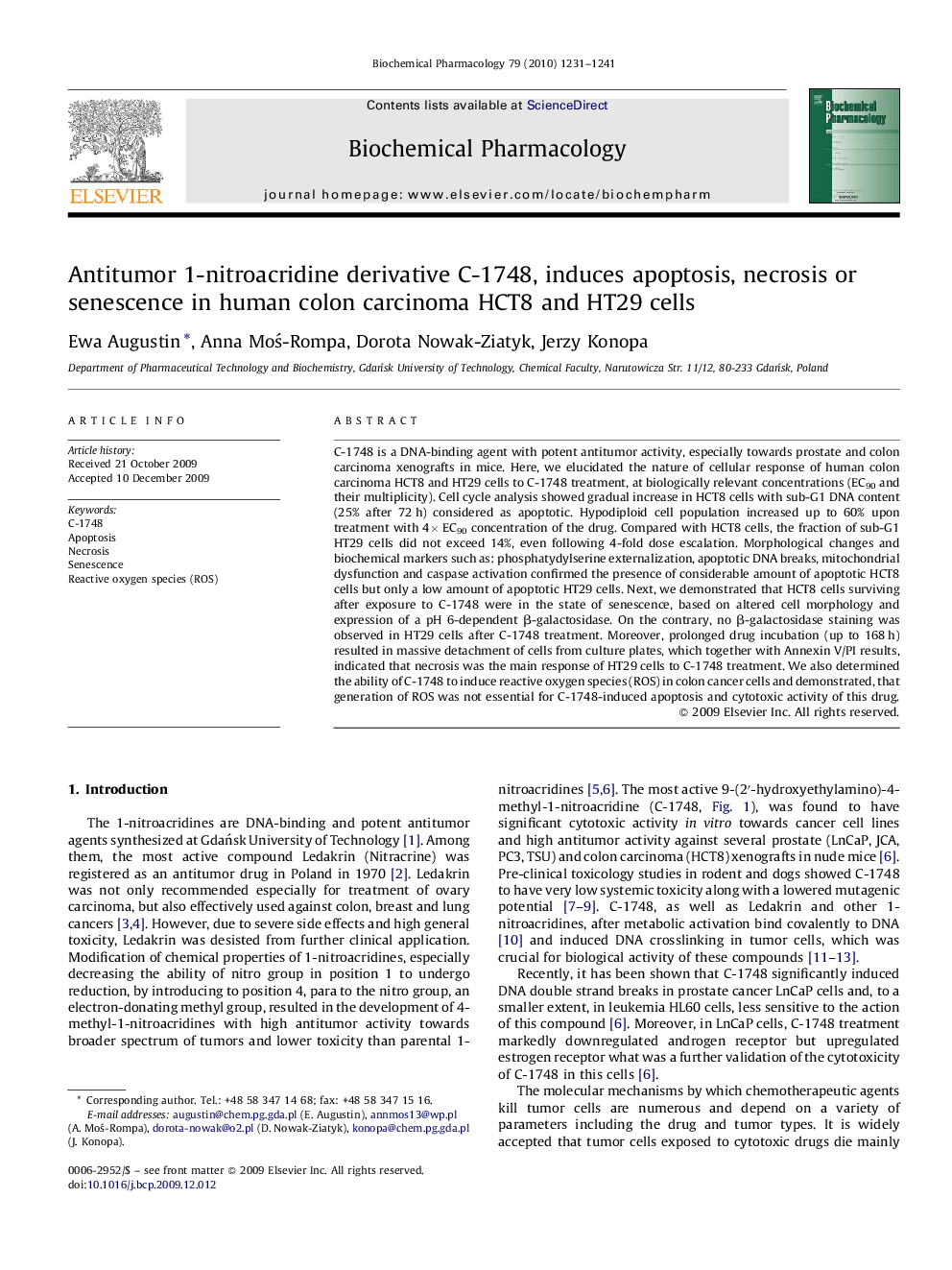 Antitumor 1-nitroacridine derivative C-1748, induces apoptosis, necrosis or senescence in human colon carcinoma HCT8 and HT29 cells