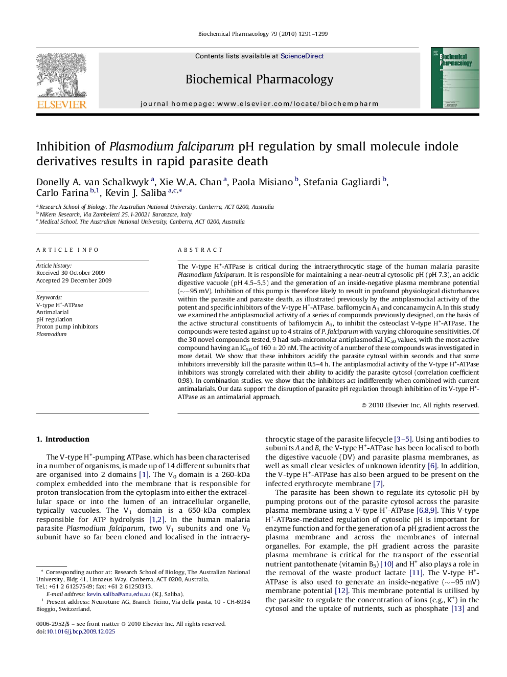 Inhibition of Plasmodium falciparum pH regulation by small molecule indole derivatives results in rapid parasite death