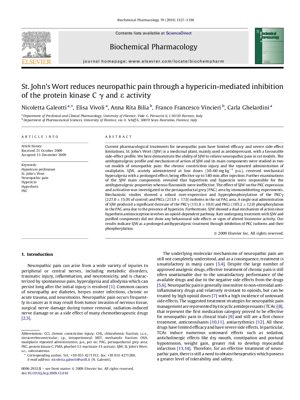 St. John's Wort reduces neuropathic pain through a hypericin-mediated inhibition of the protein kinase C γ and ɛ activity