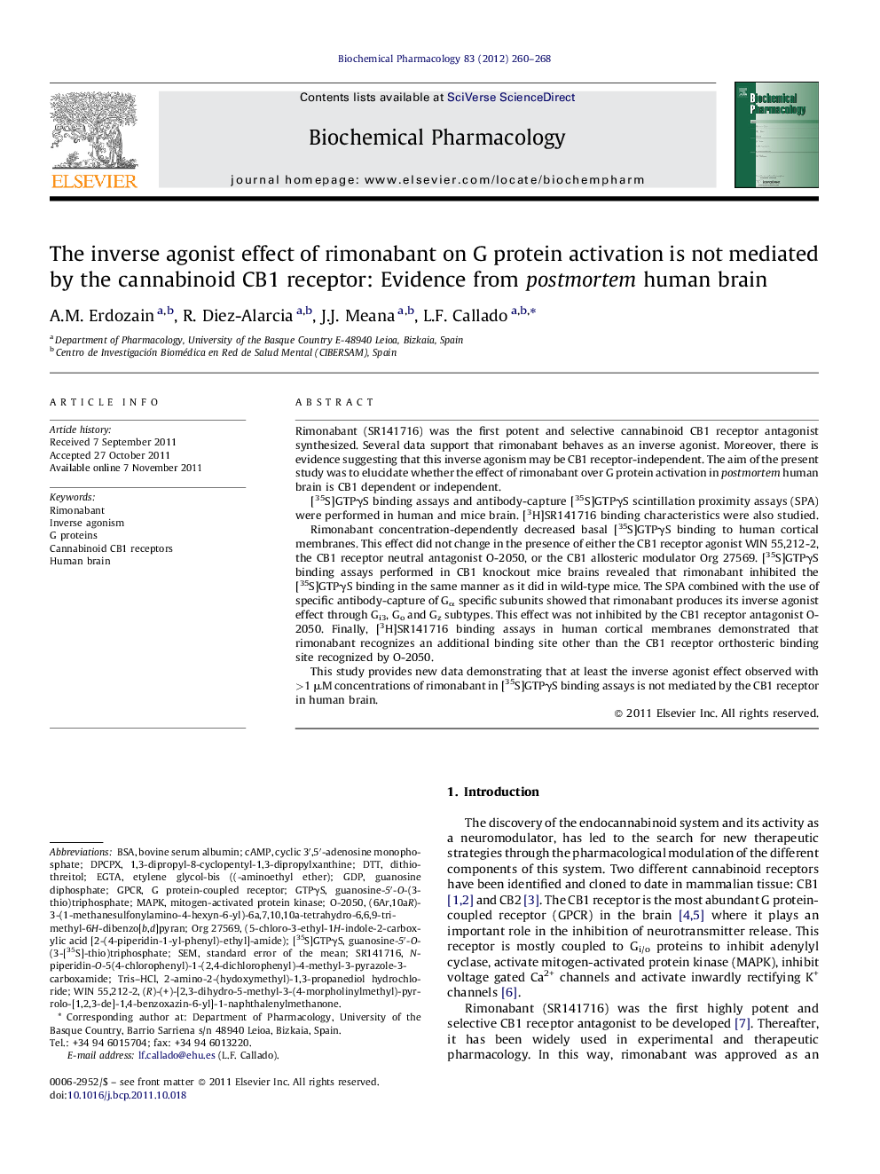 The inverse agonist effect of rimonabant on G protein activation is not mediated by the cannabinoid CB1 receptor: Evidence from postmortem human brain