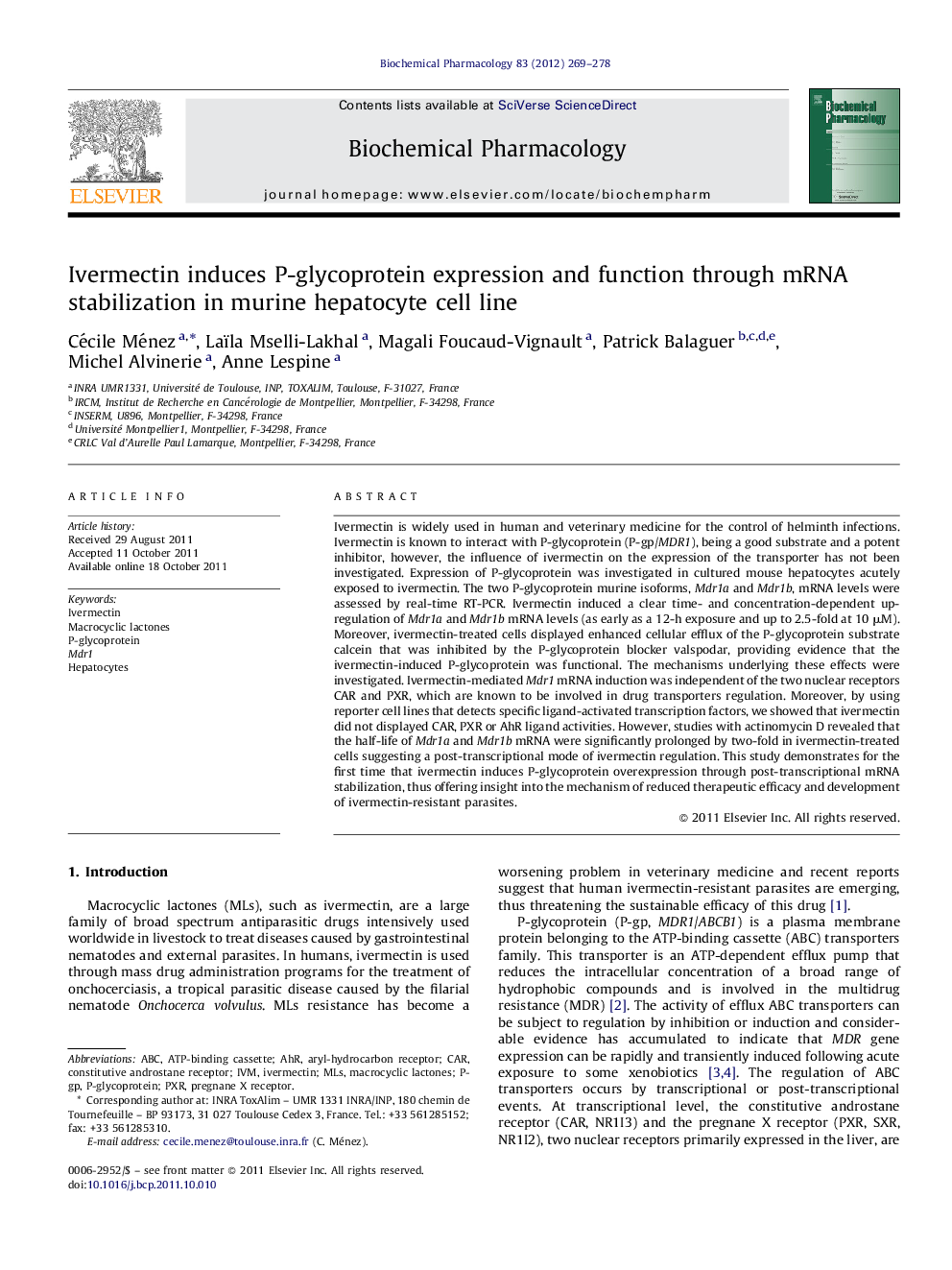 Ivermectin induces P-glycoprotein expression and function through mRNA stabilization in murine hepatocyte cell line