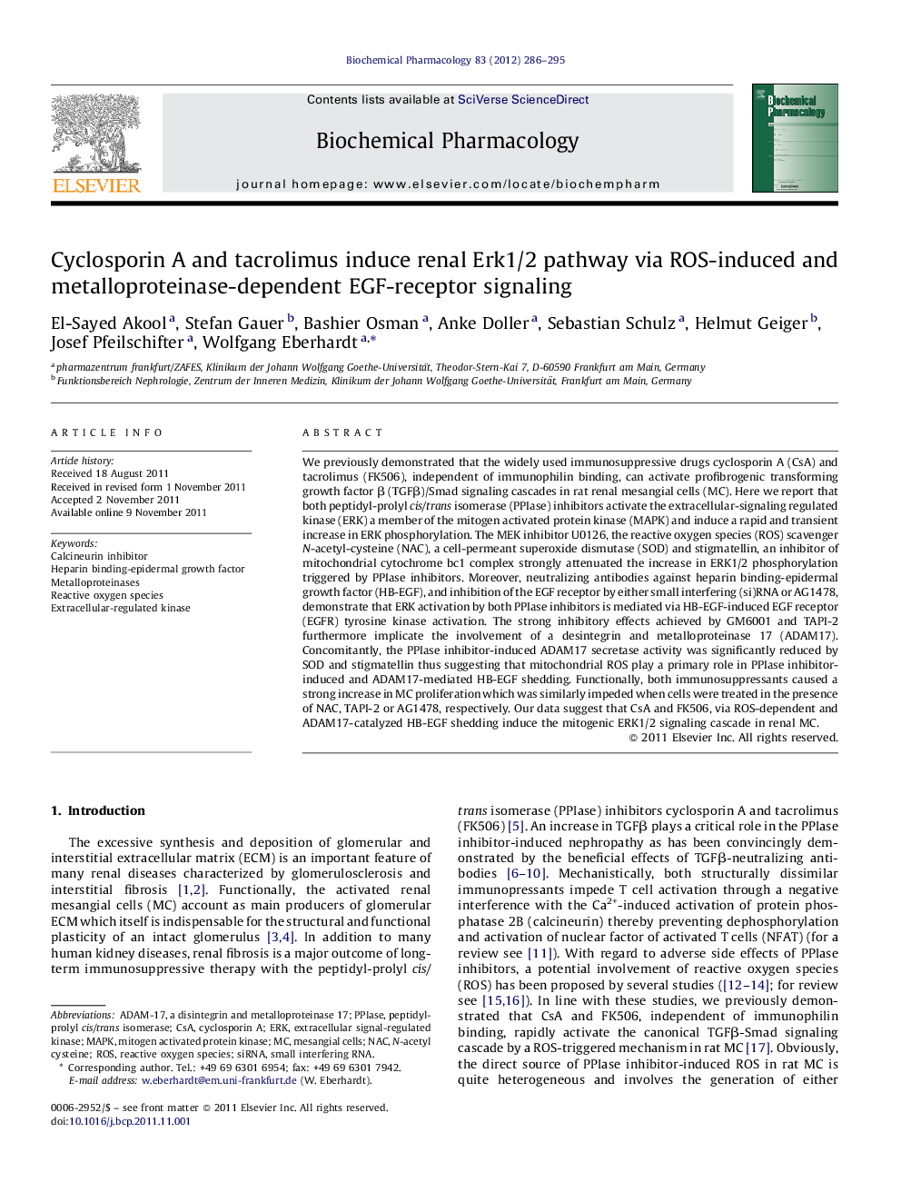 Cyclosporin A and tacrolimus induce renal Erk1/2 pathway via ROS-induced and metalloproteinase-dependent EGF-receptor signaling