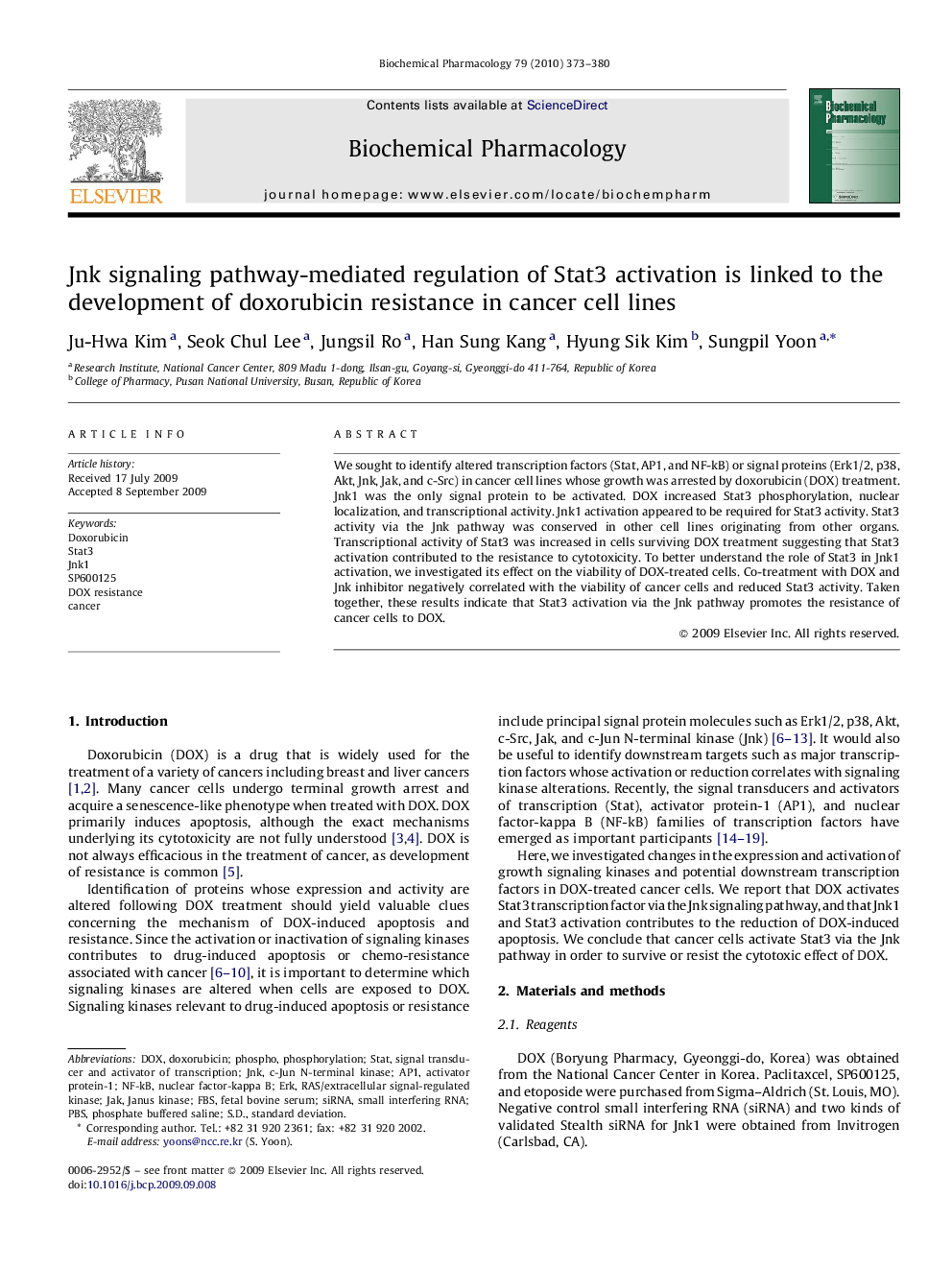 Jnk signaling pathway-mediated regulation of Stat3 activation is linked to the development of doxorubicin resistance in cancer cell lines