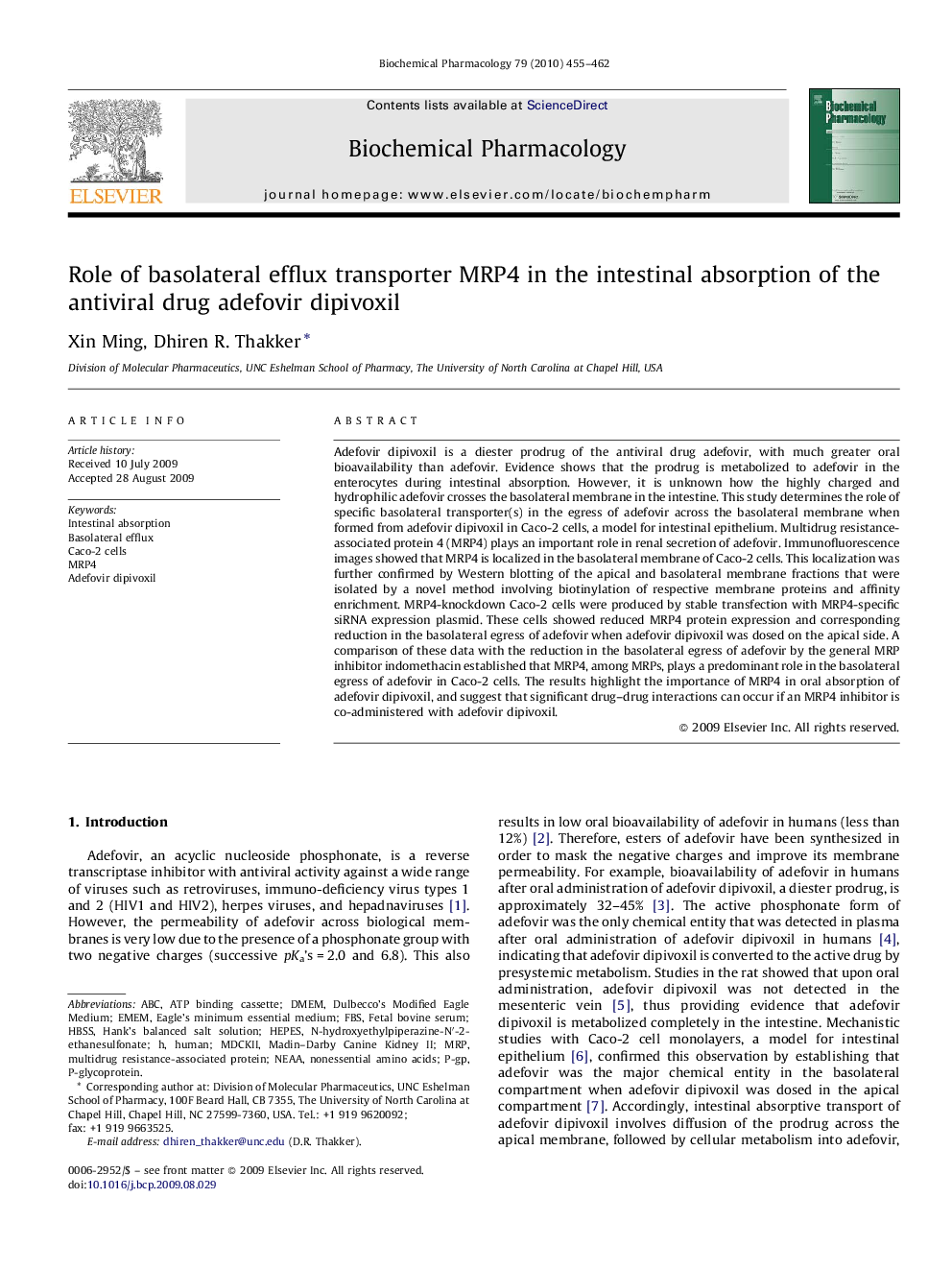 Role of basolateral efflux transporter MRP4 in the intestinal absorption of the antiviral drug adefovir dipivoxil