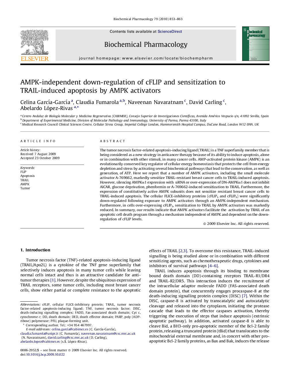 AMPK-independent down-regulation of cFLIP and sensitization to TRAIL-induced apoptosis by AMPK activators