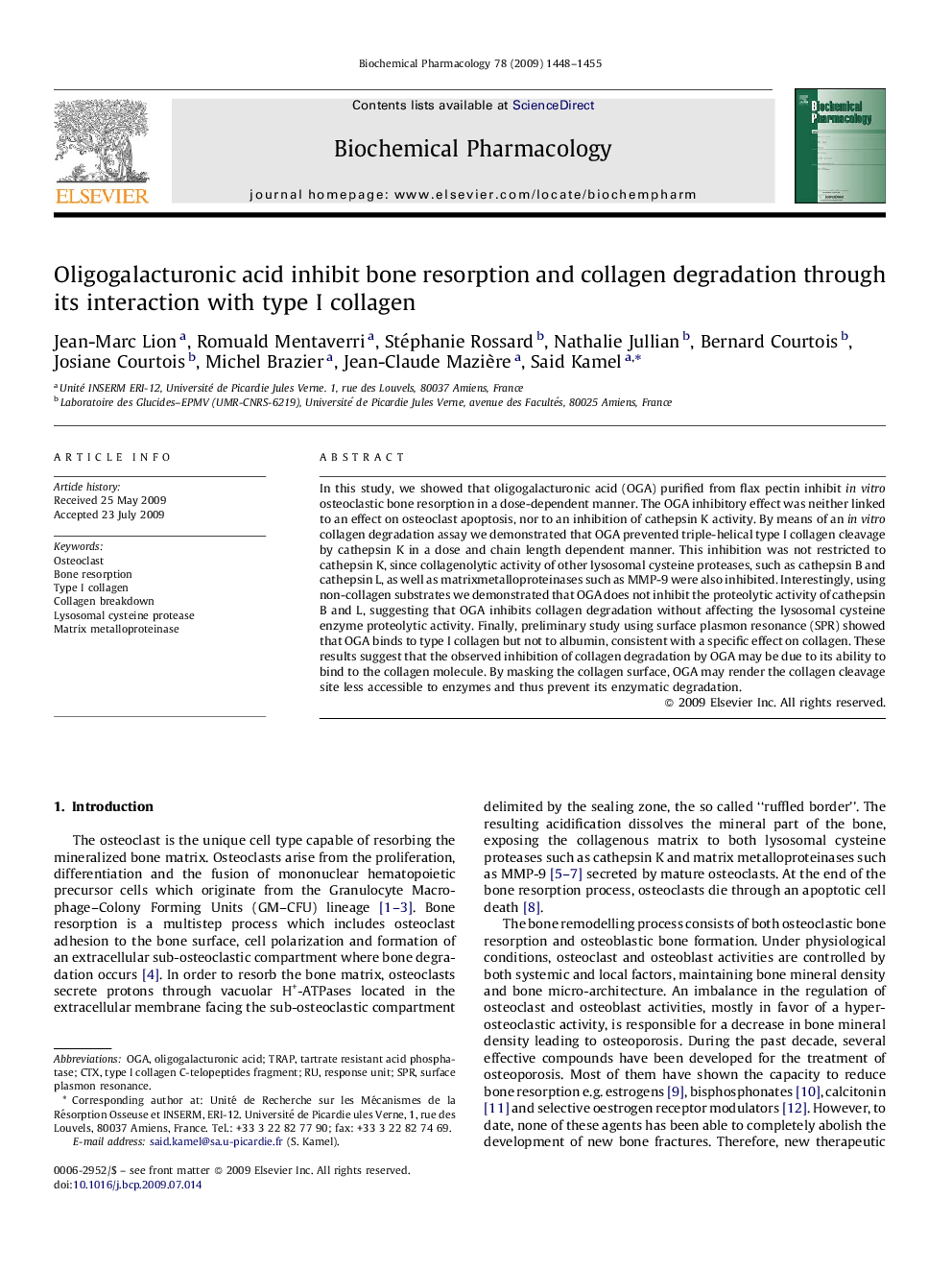 Oligogalacturonic acid inhibit bone resorption and collagen degradation through its interaction with type I collagen