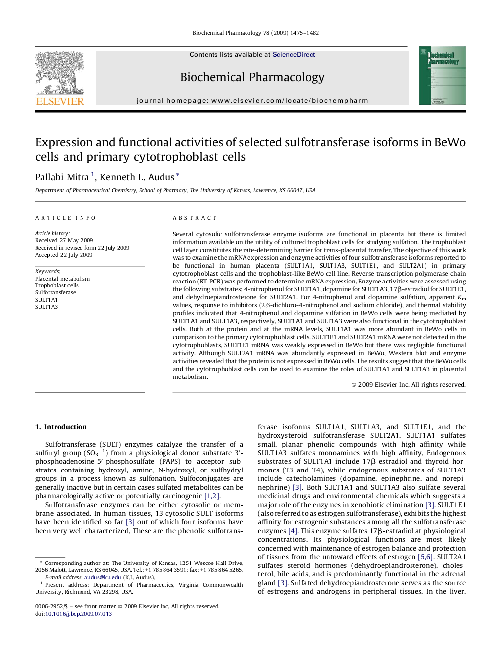 Expression and functional activities of selected sulfotransferase isoforms in BeWo cells and primary cytotrophoblast cells