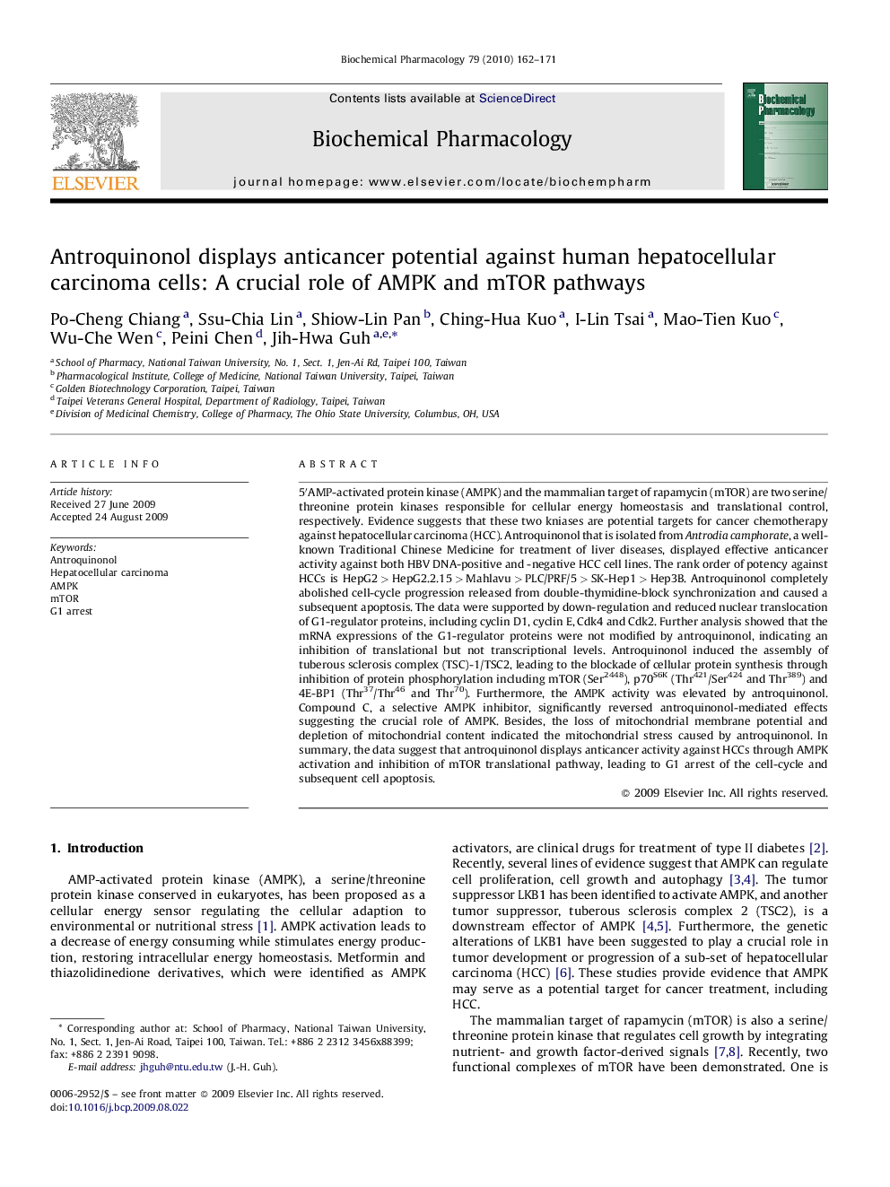 Antroquinonol displays anticancer potential against human hepatocellular carcinoma cells: A crucial role of AMPK and mTOR pathways