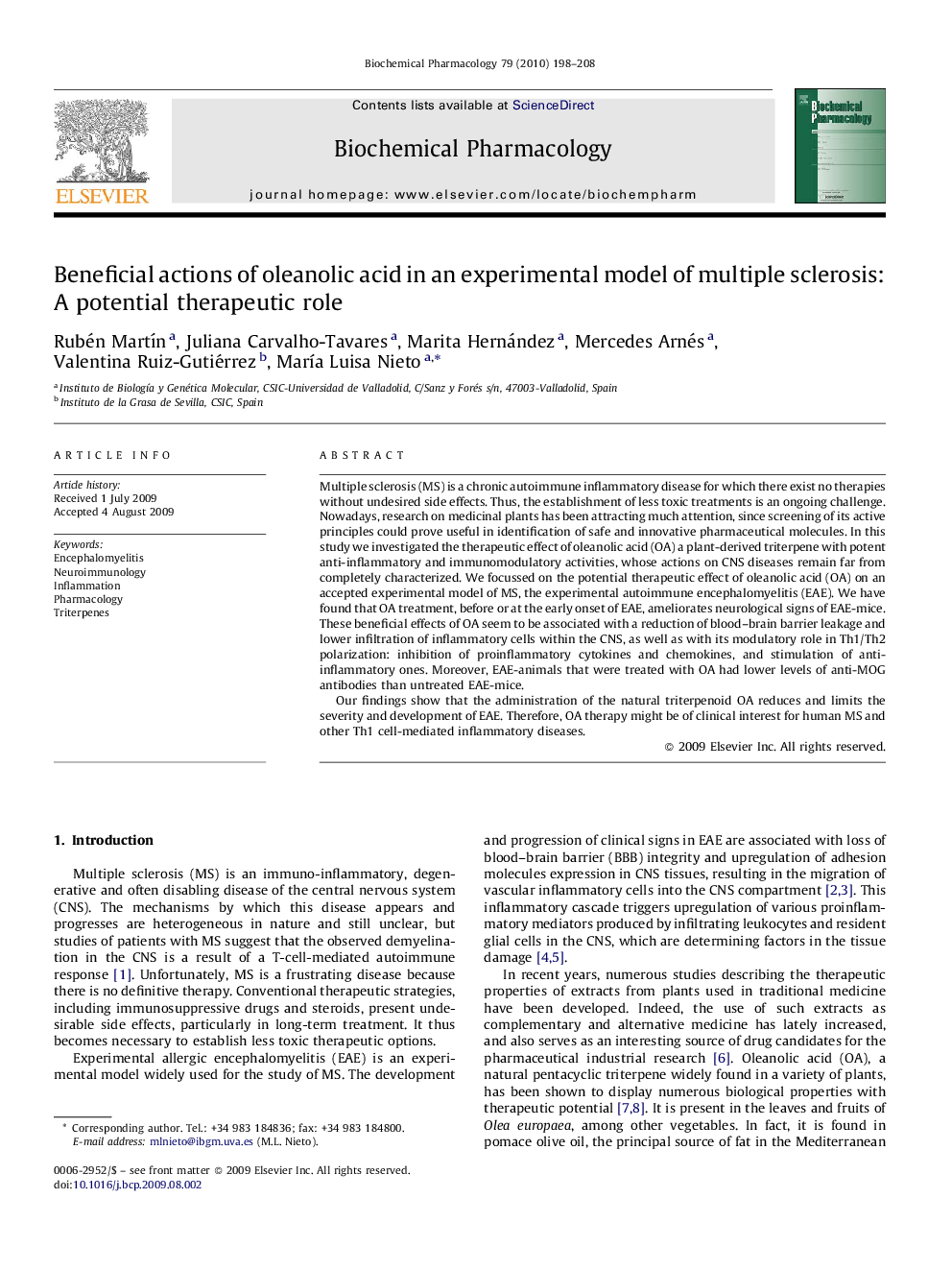 Beneficial actions of oleanolic acid in an experimental model of multiple sclerosis: A potential therapeutic role