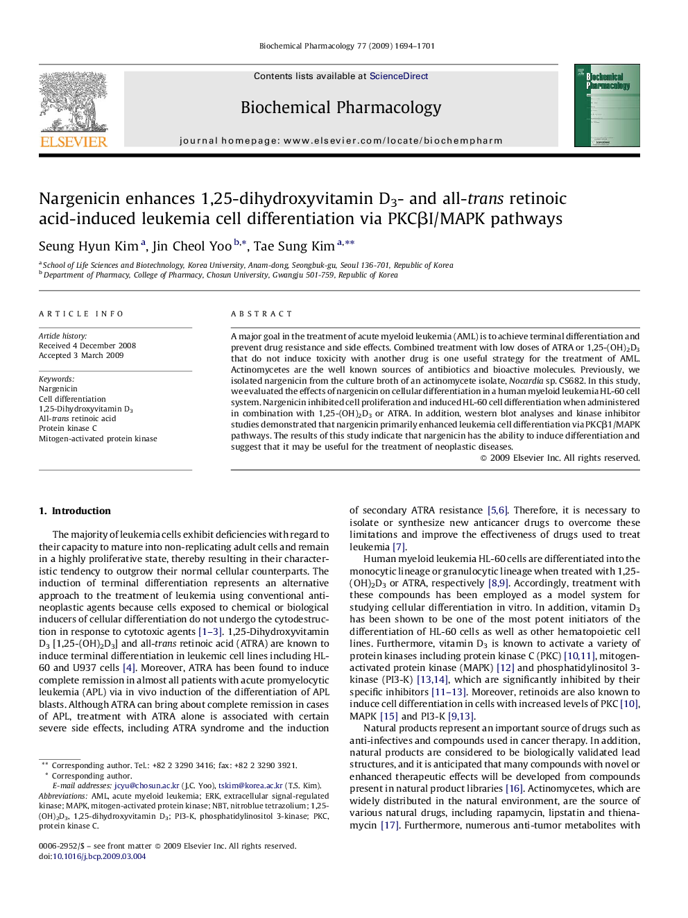 Nargenicin enhances 1,25-dihydroxyvitamin D3- and all-trans retinoic acid-induced leukemia cell differentiation via PKCβI/MAPK pathways