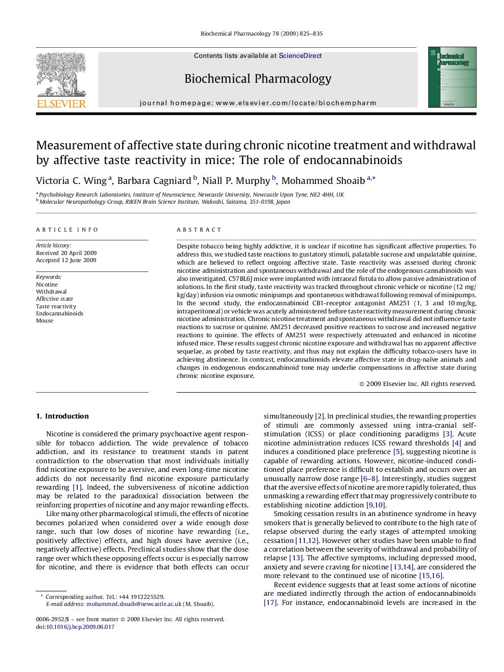 Measurement of affective state during chronic nicotine treatment and withdrawal by affective taste reactivity in mice: The role of endocannabinoids