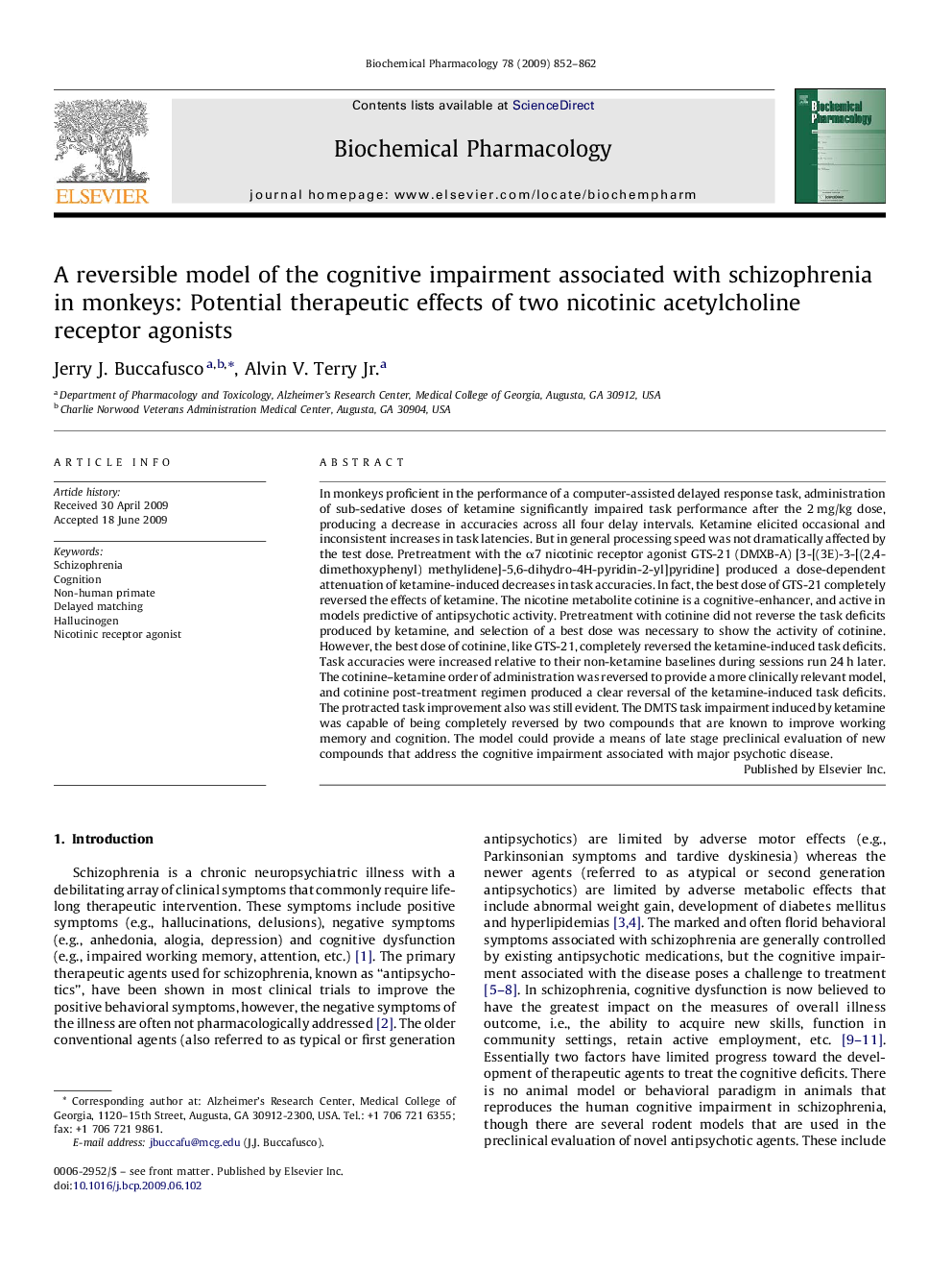 A reversible model of the cognitive impairment associated with schizophrenia in monkeys: Potential therapeutic effects of two nicotinic acetylcholine receptor agonists