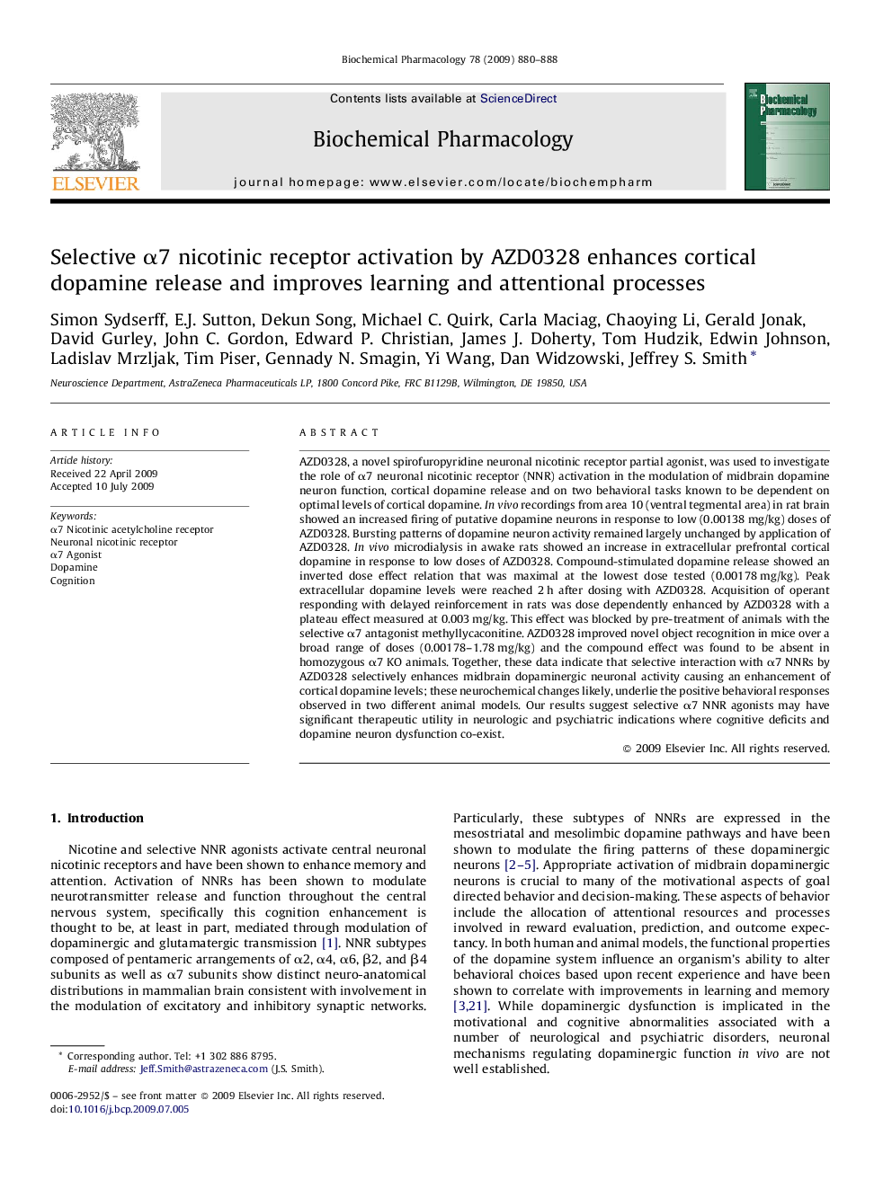 Selective α7 nicotinic receptor activation by AZD0328 enhances cortical dopamine release and improves learning and attentional processes