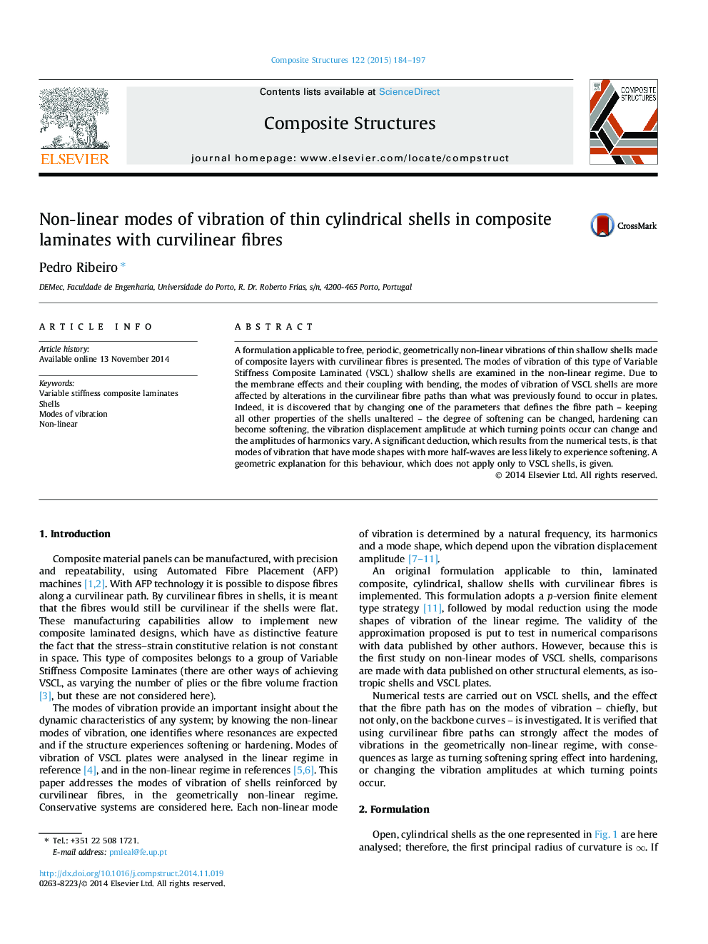 Non-linear modes of vibration of thin cylindrical shells in composite laminates with curvilinear fibres