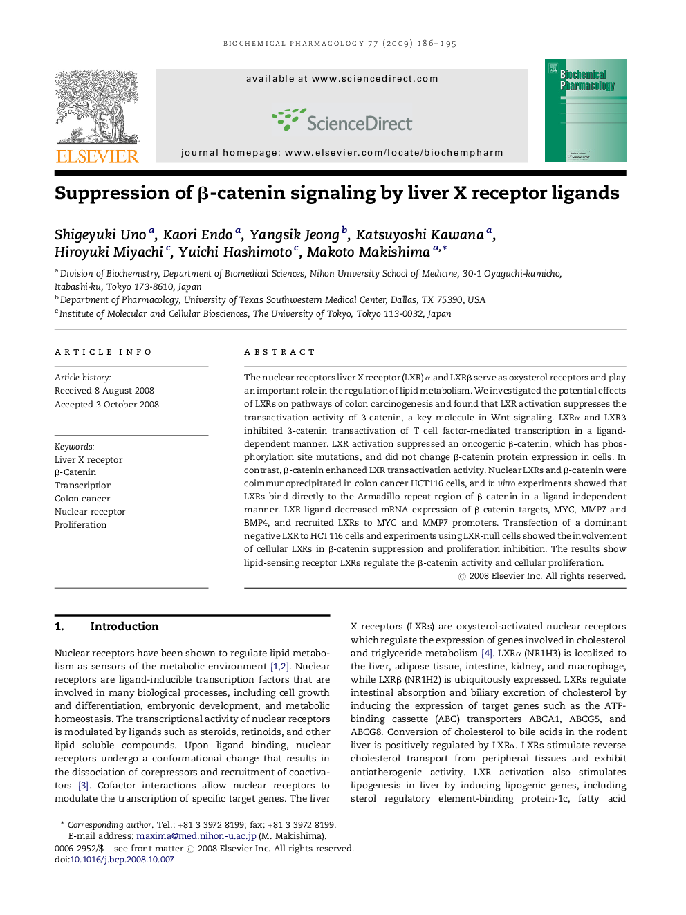 Suppression of β-catenin signaling by liver X receptor ligands