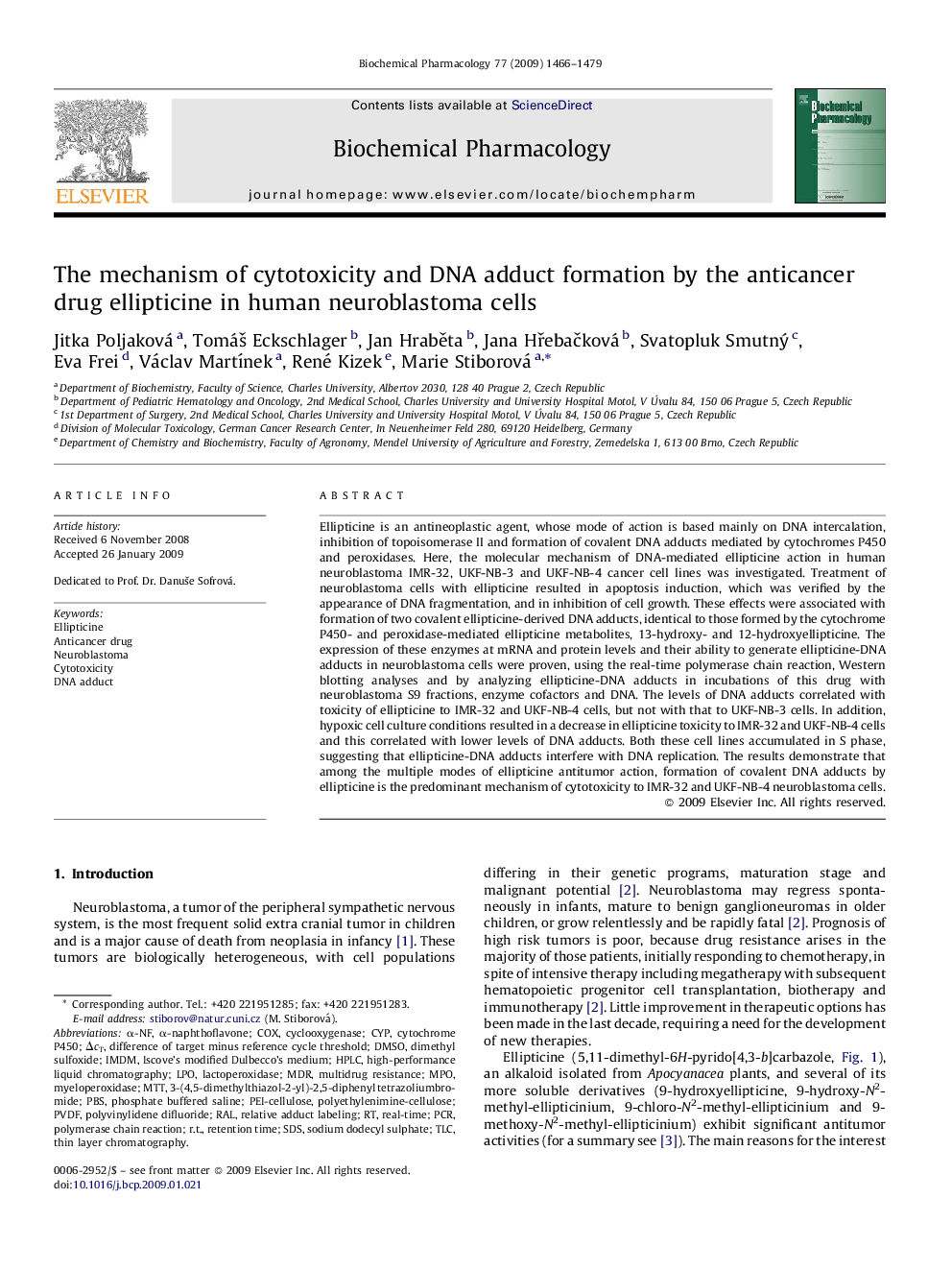 The mechanism of cytotoxicity and DNA adduct formation by the anticancer drug ellipticine in human neuroblastoma cells