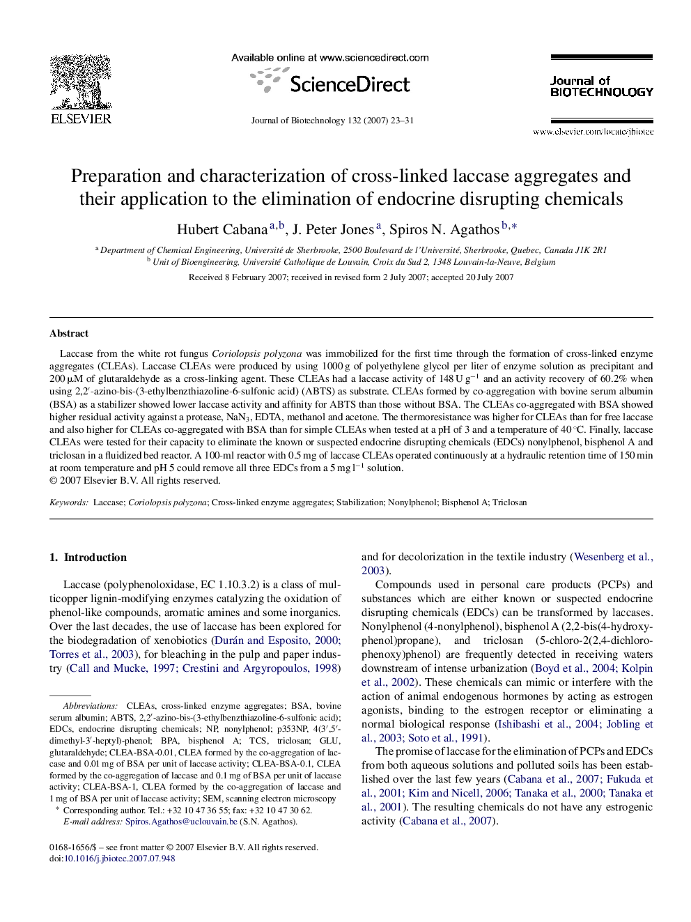 Preparation and characterization of cross-linked laccase aggregates and their application to the elimination of endocrine disrupting chemicals