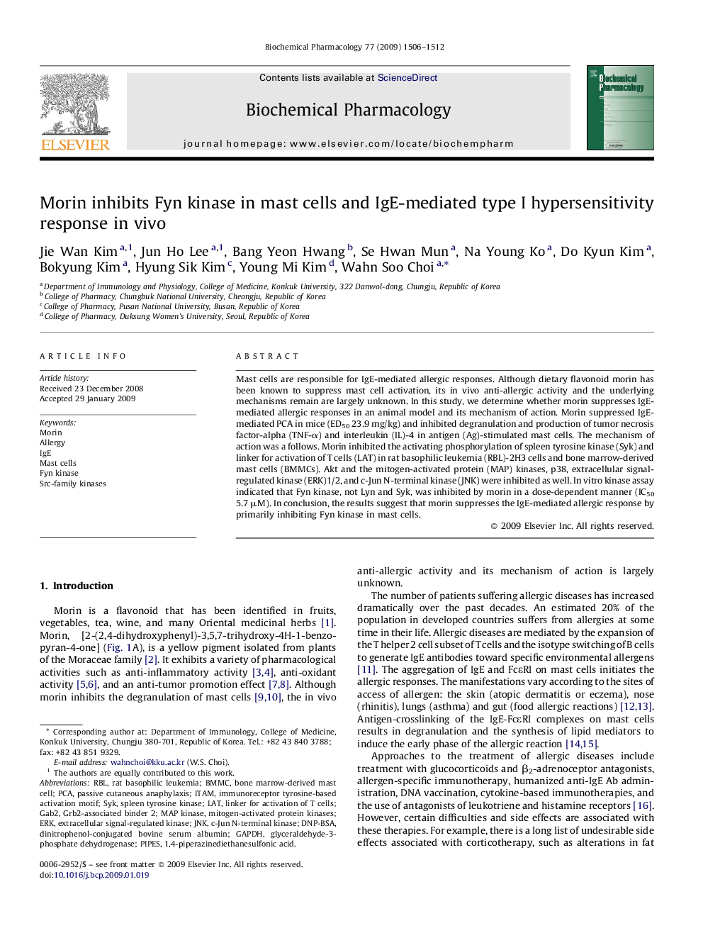 Morin inhibits Fyn kinase in mast cells and IgE-mediated type I hypersensitivity response in vivo