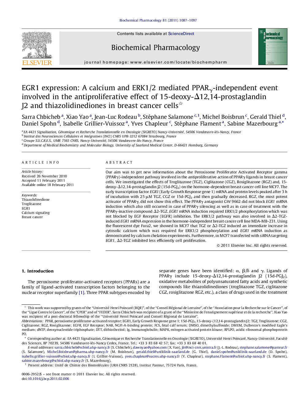 EGR1 expression: A calcium and ERK1/2 mediated PPARγ-independent event involved in the antiproliferative effect of 15-deoxy-Δ12,14-prostaglandin J2 and thiazolidinediones in breast cancer cells 