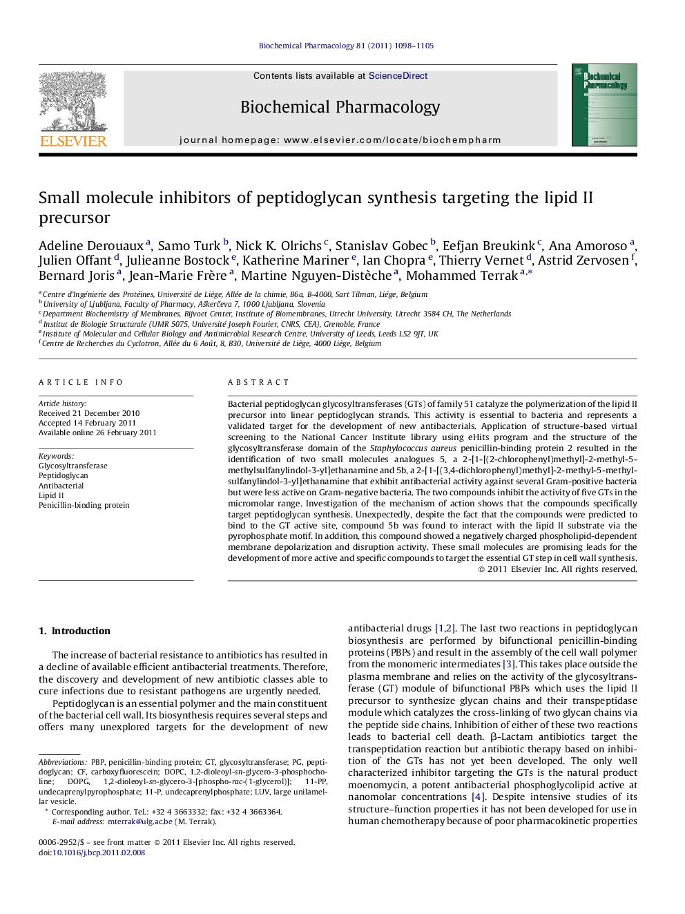 Small molecule inhibitors of peptidoglycan synthesis targeting the lipid II precursor