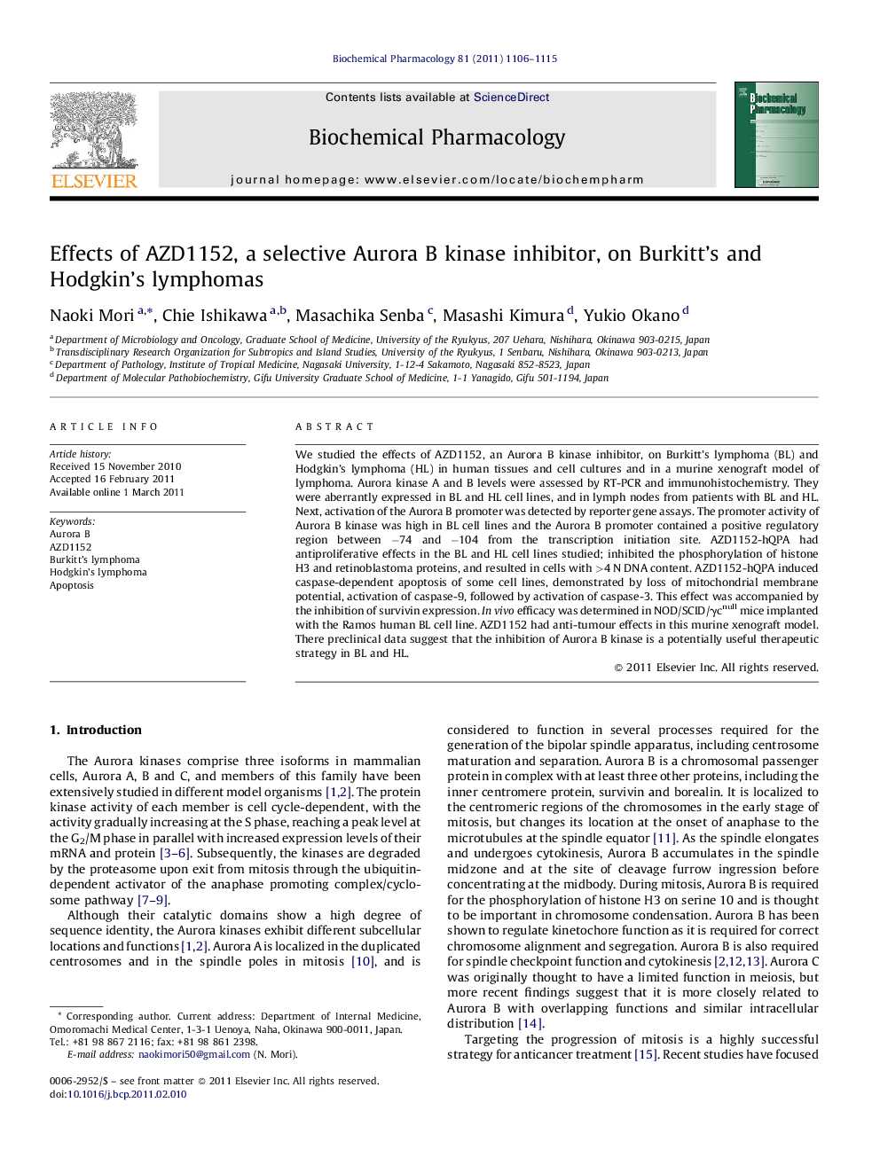 Effects of AZD1152, a selective Aurora B kinase inhibitor, on Burkitt's and Hodgkin's lymphomas