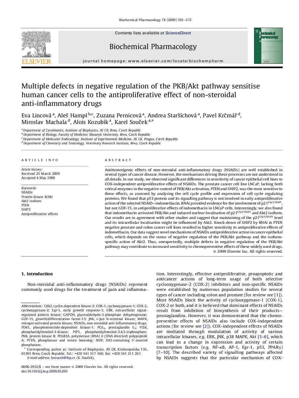 Multiple defects in negative regulation of the PKB/Akt pathway sensitise human cancer cells to the antiproliferative effect of non-steroidal anti-inflammatory drugs