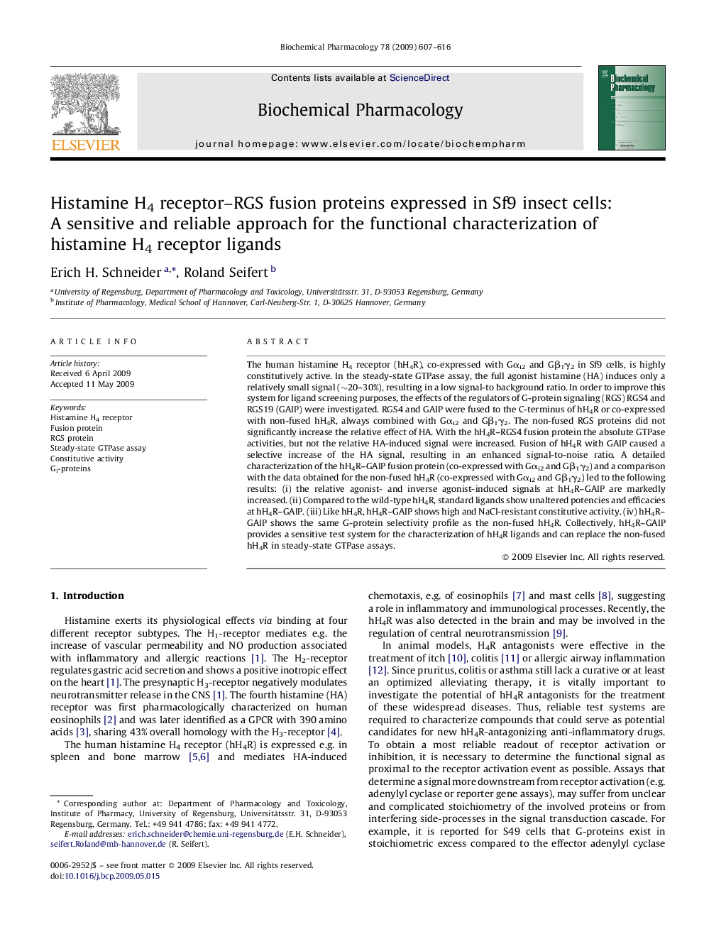 Histamine H4 receptor–RGS fusion proteins expressed in Sf9 insect cells: A sensitive and reliable approach for the functional characterization of histamine H4 receptor ligands